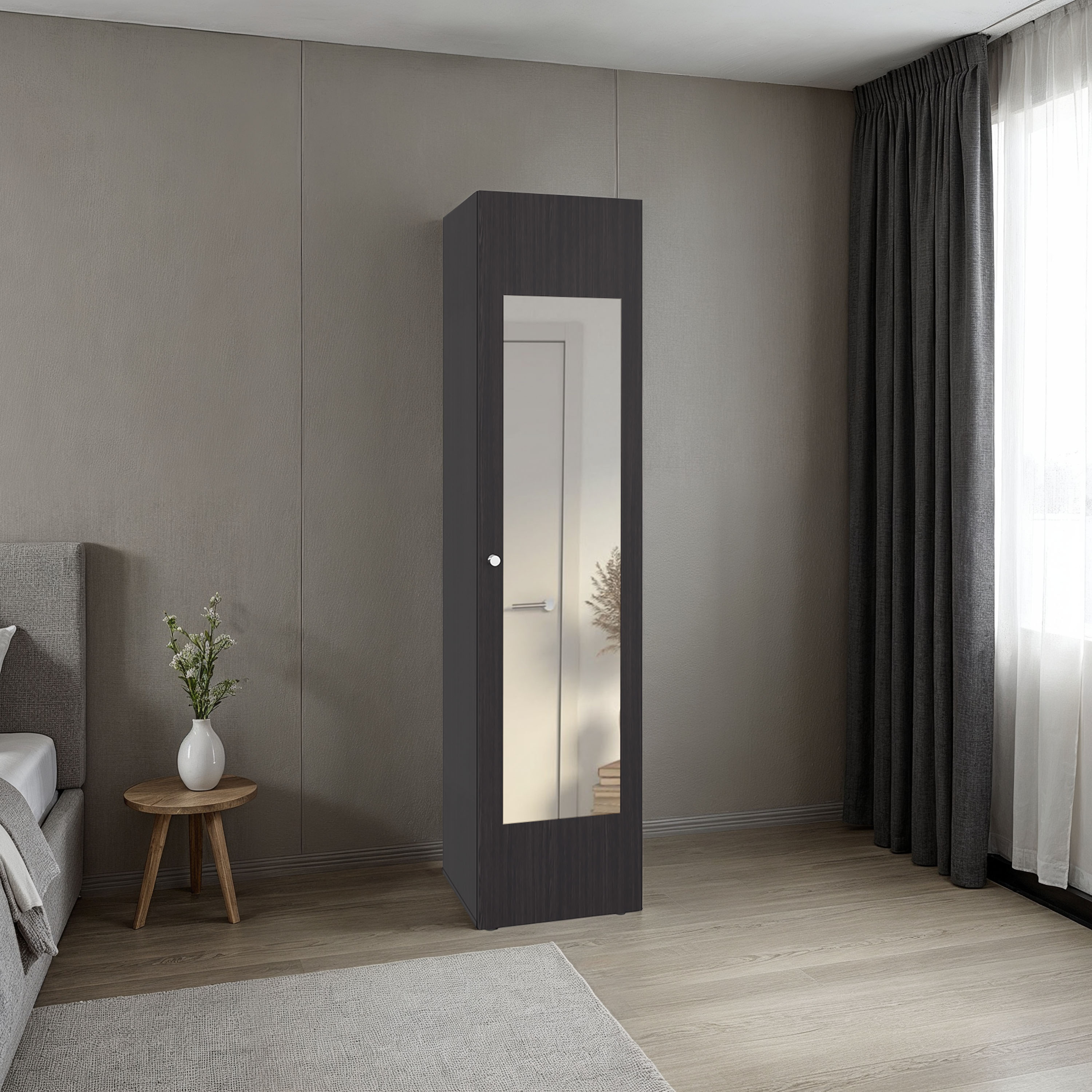 Dark Walnut Tall Cabinet with Mirror - 3 Shelves