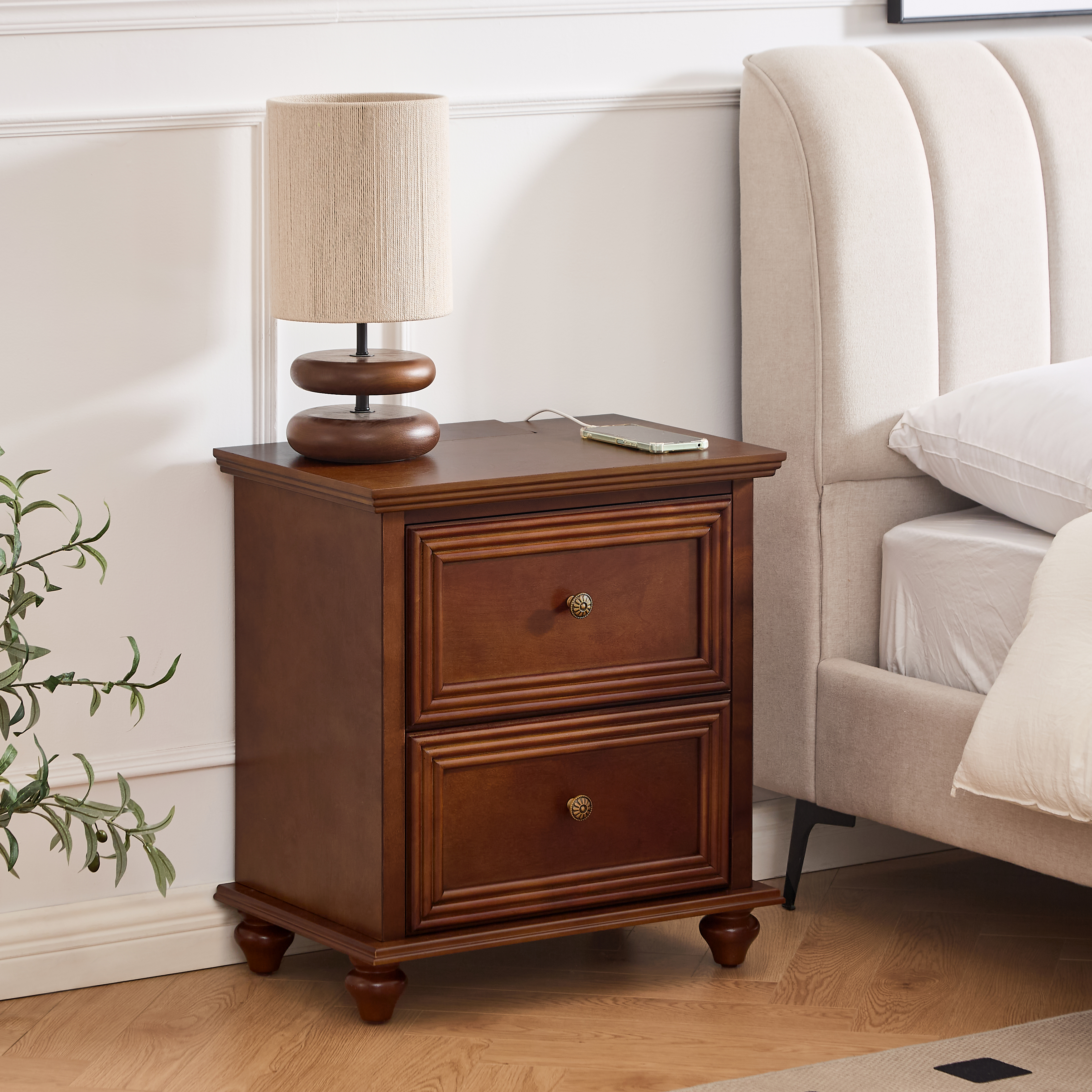 Walnut Mid Century Nightstand with Charging Station