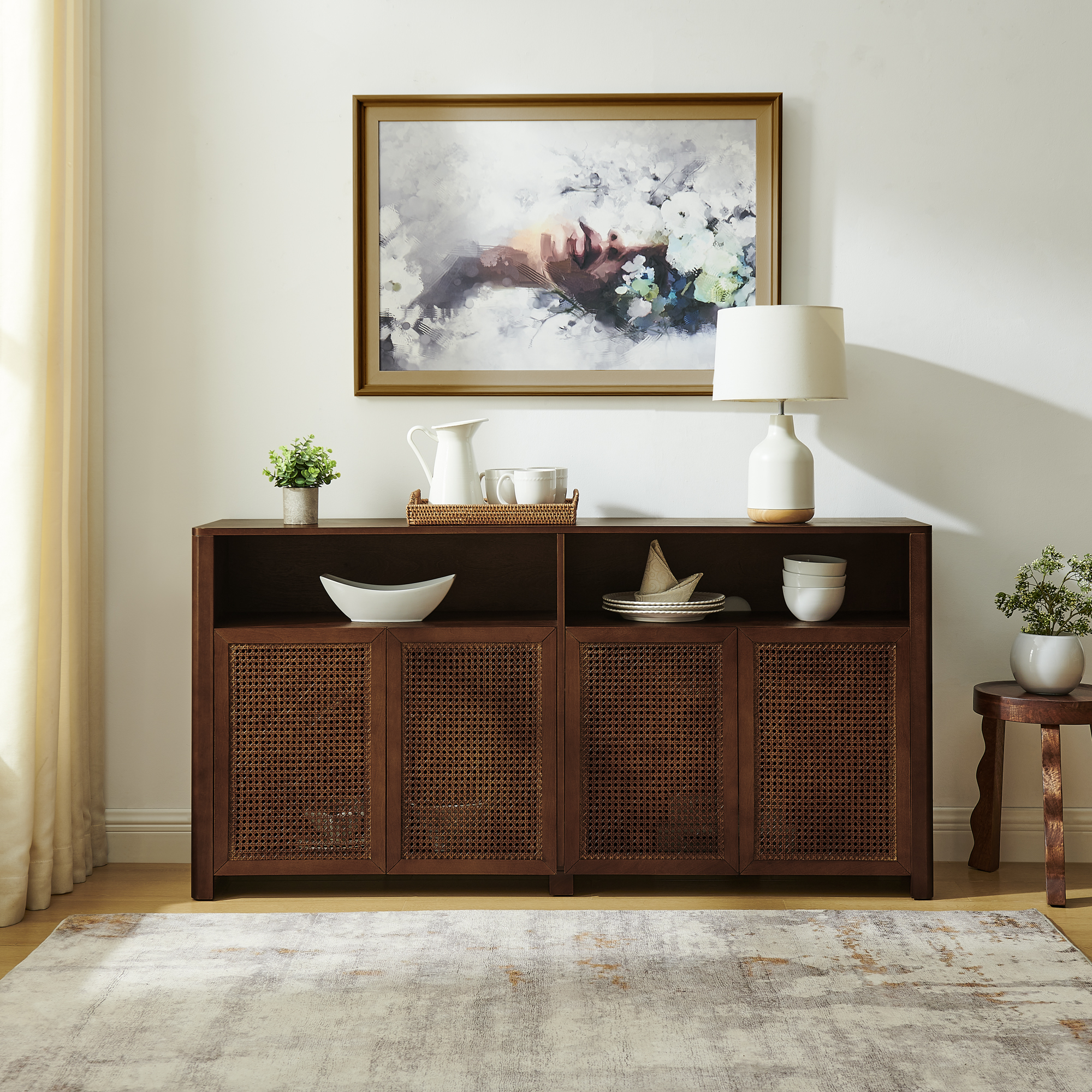 63" Walnut Rattan Sideboard Buffet Cabinet with Storage, Media Console Table