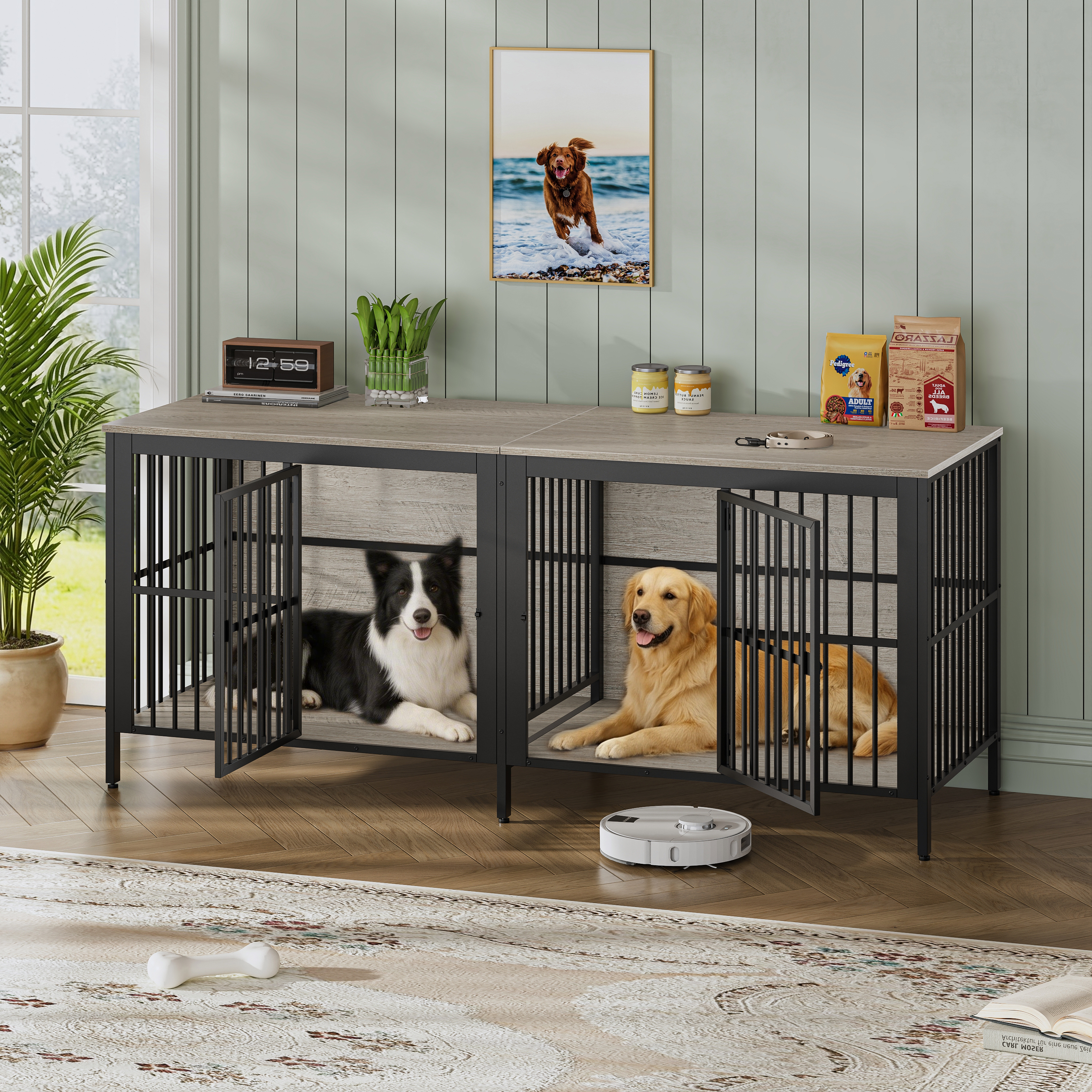 Large Dog Crate End Table Grey MDF Iron