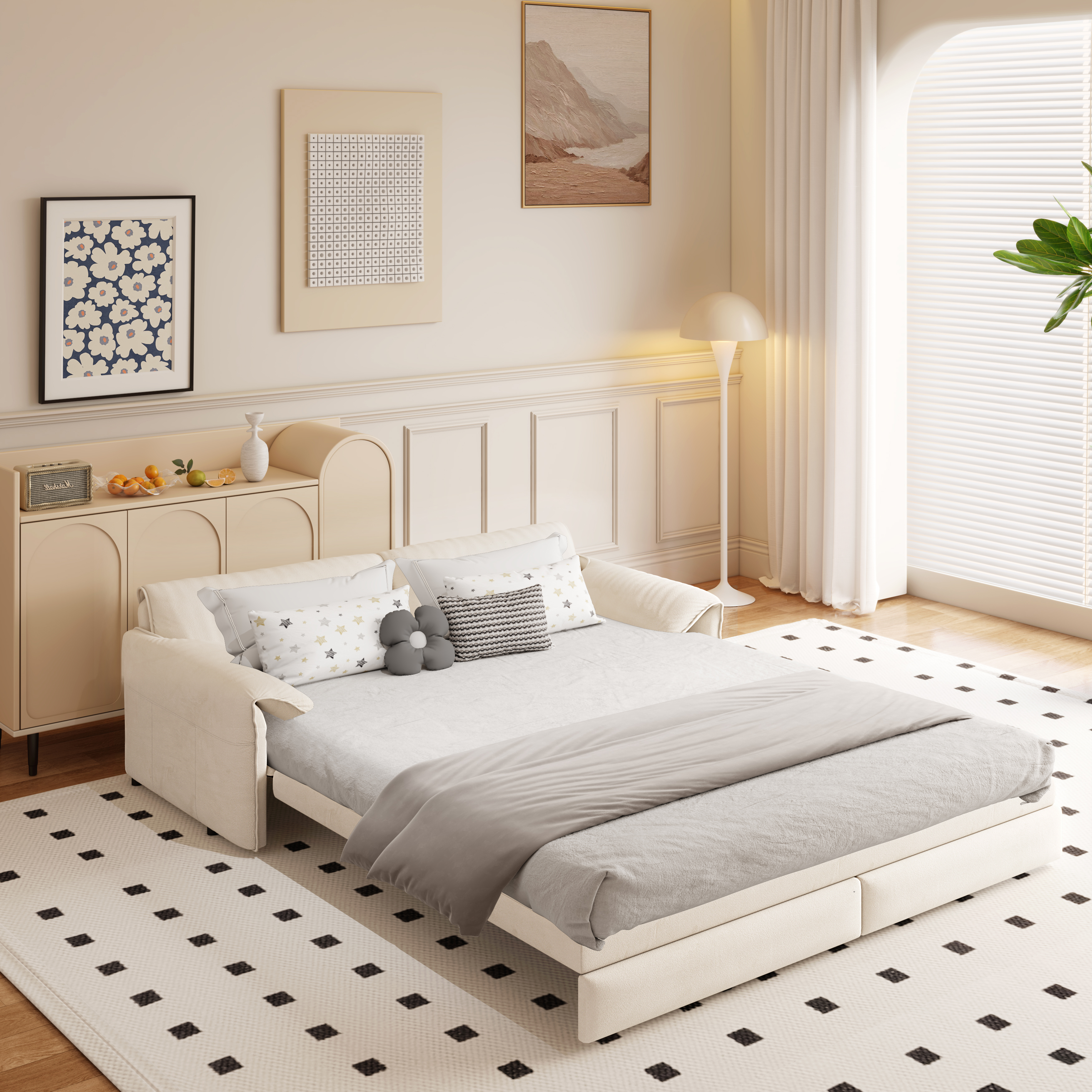 66" Queen Size Convertible Sofa Bed - Beige Velvet Sleeper