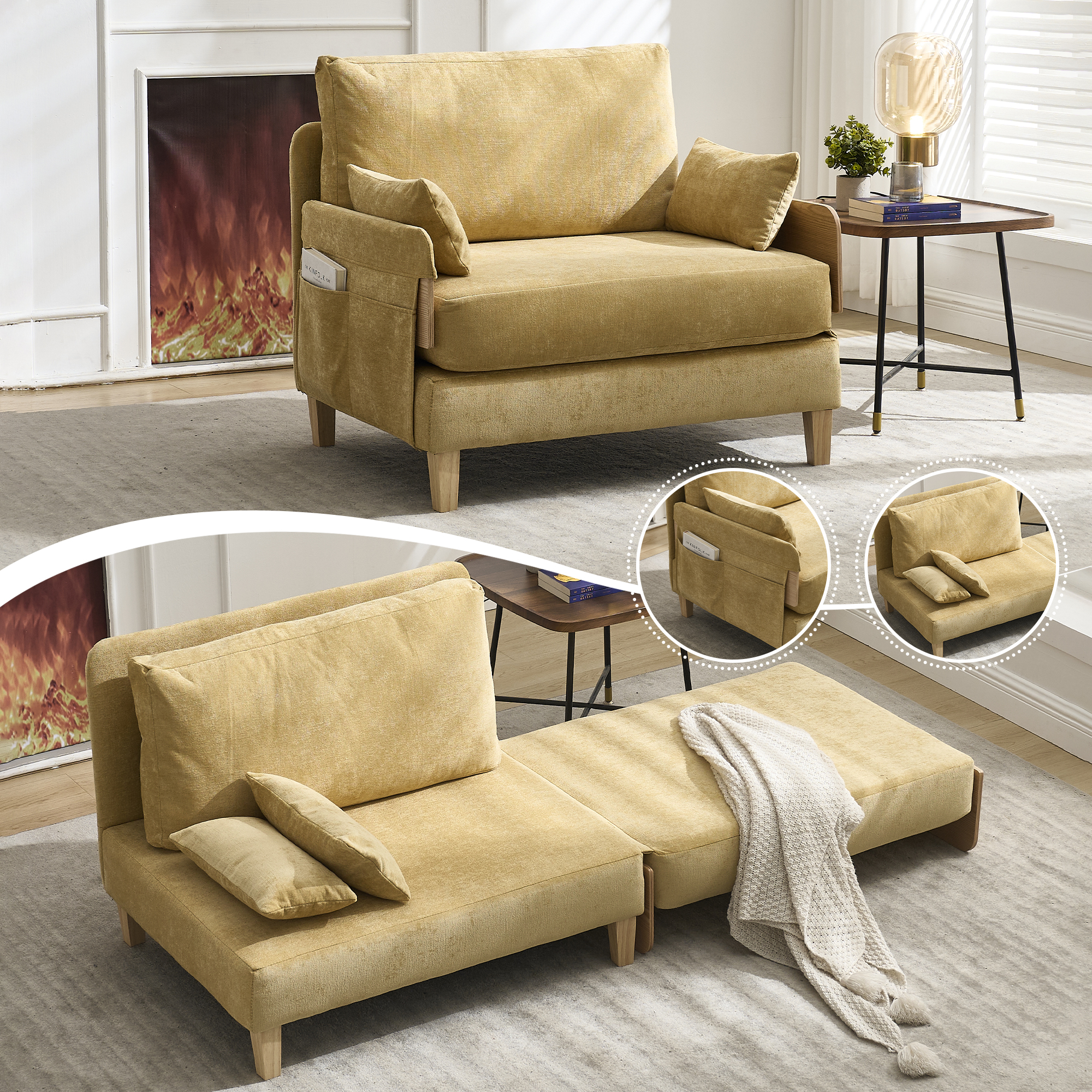 Mustard Yellow Chenille Convertible Sofa Bed - 3-in-1 Sleeper