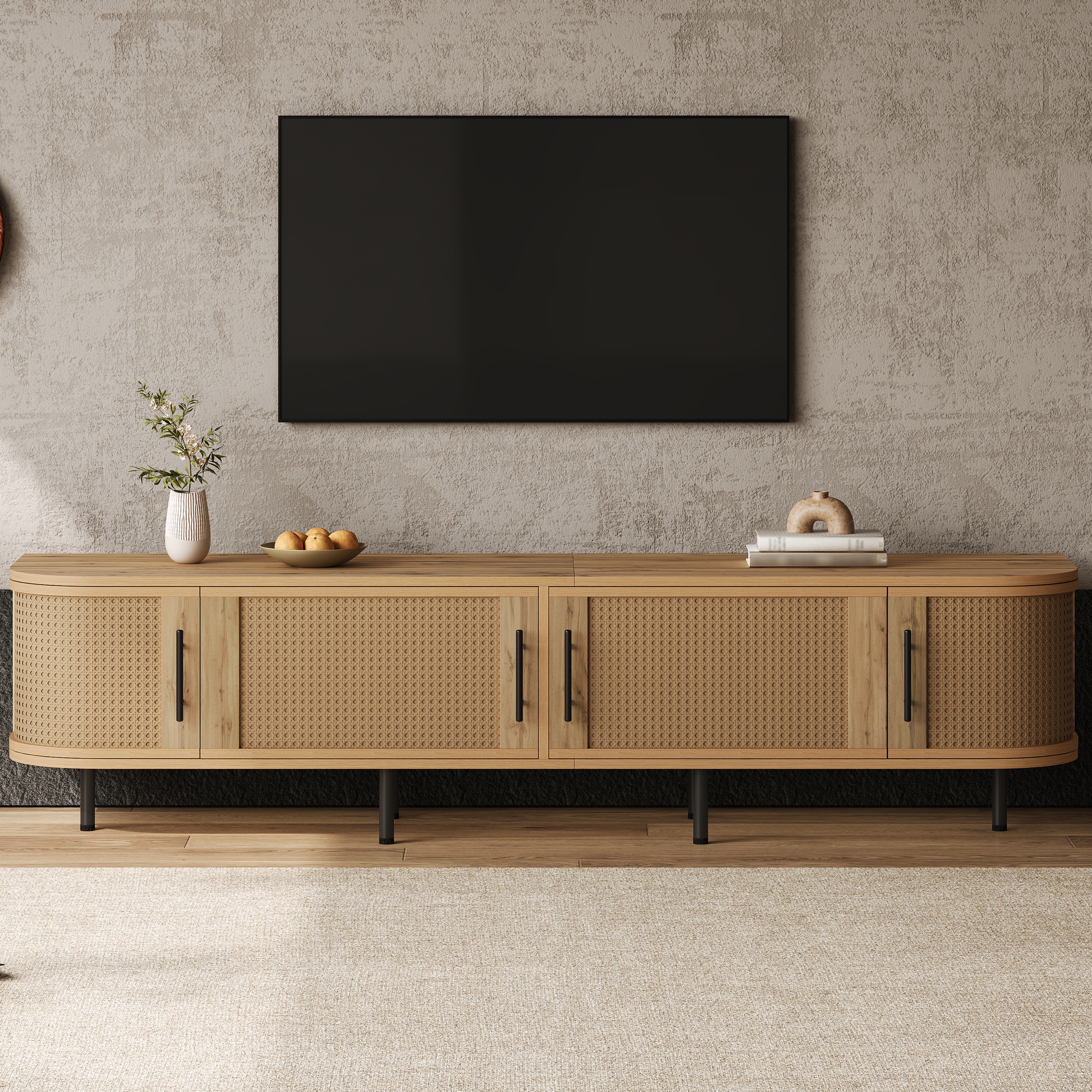 75 Inch TV Stand with Rattan Doors - Natural Wood
