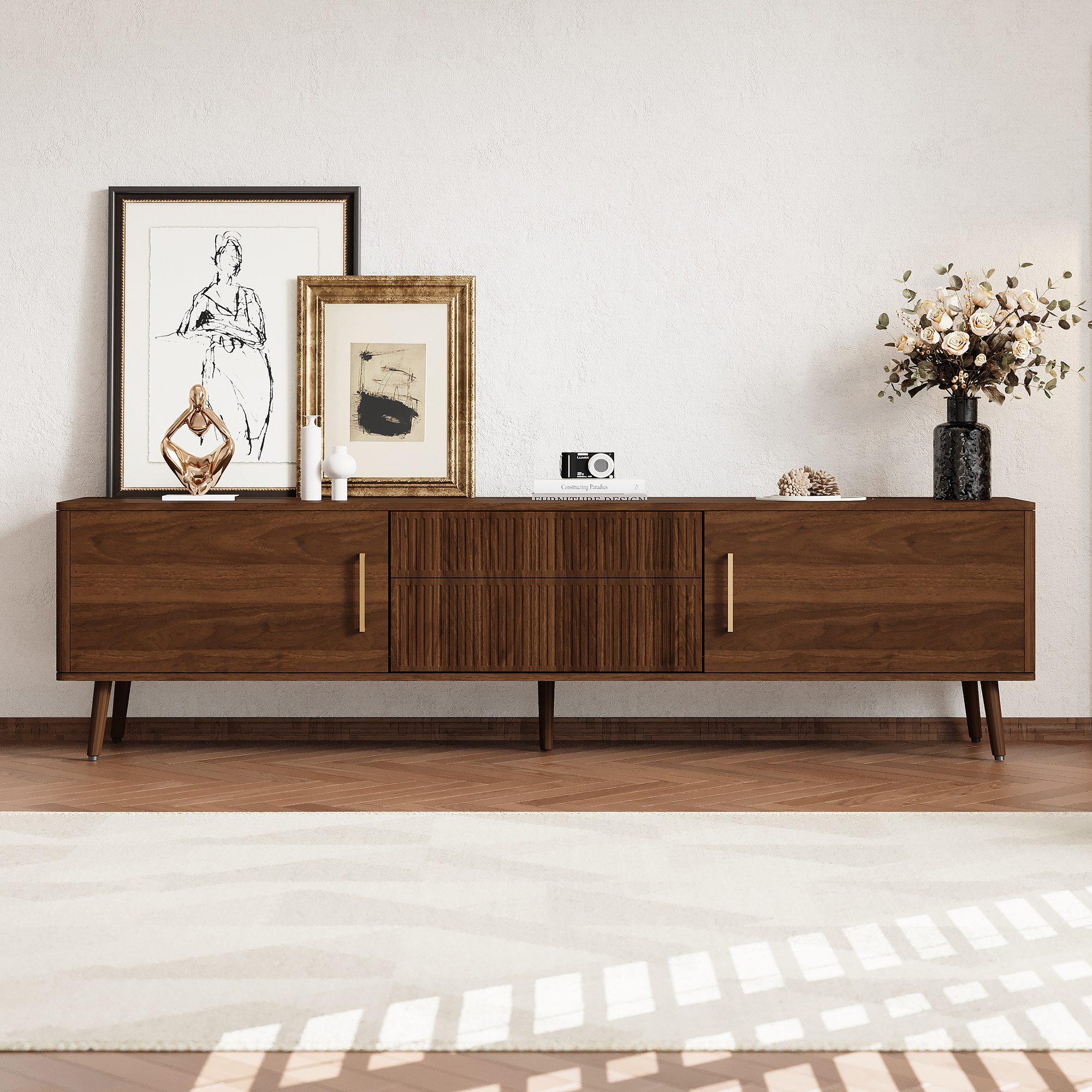 Walnut Mid-Century TV Stand - 70-79 Inch Entertainment Center