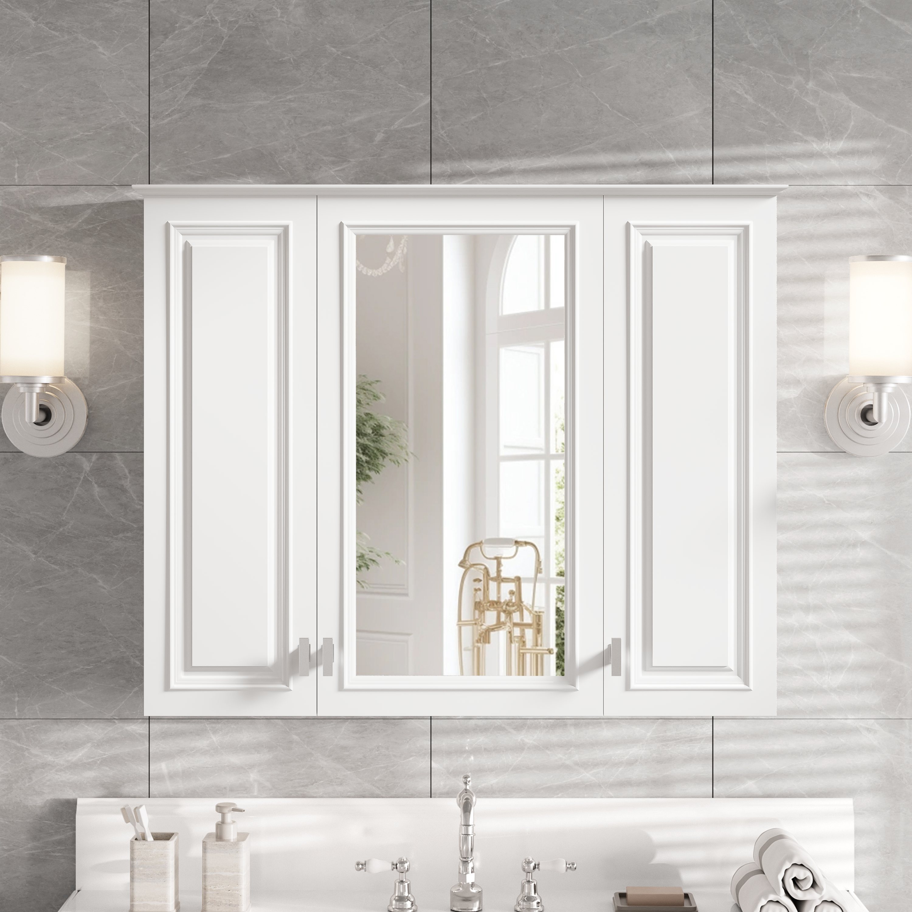 3-Door White Bathroom Storage Cabinet - Wall Mounted