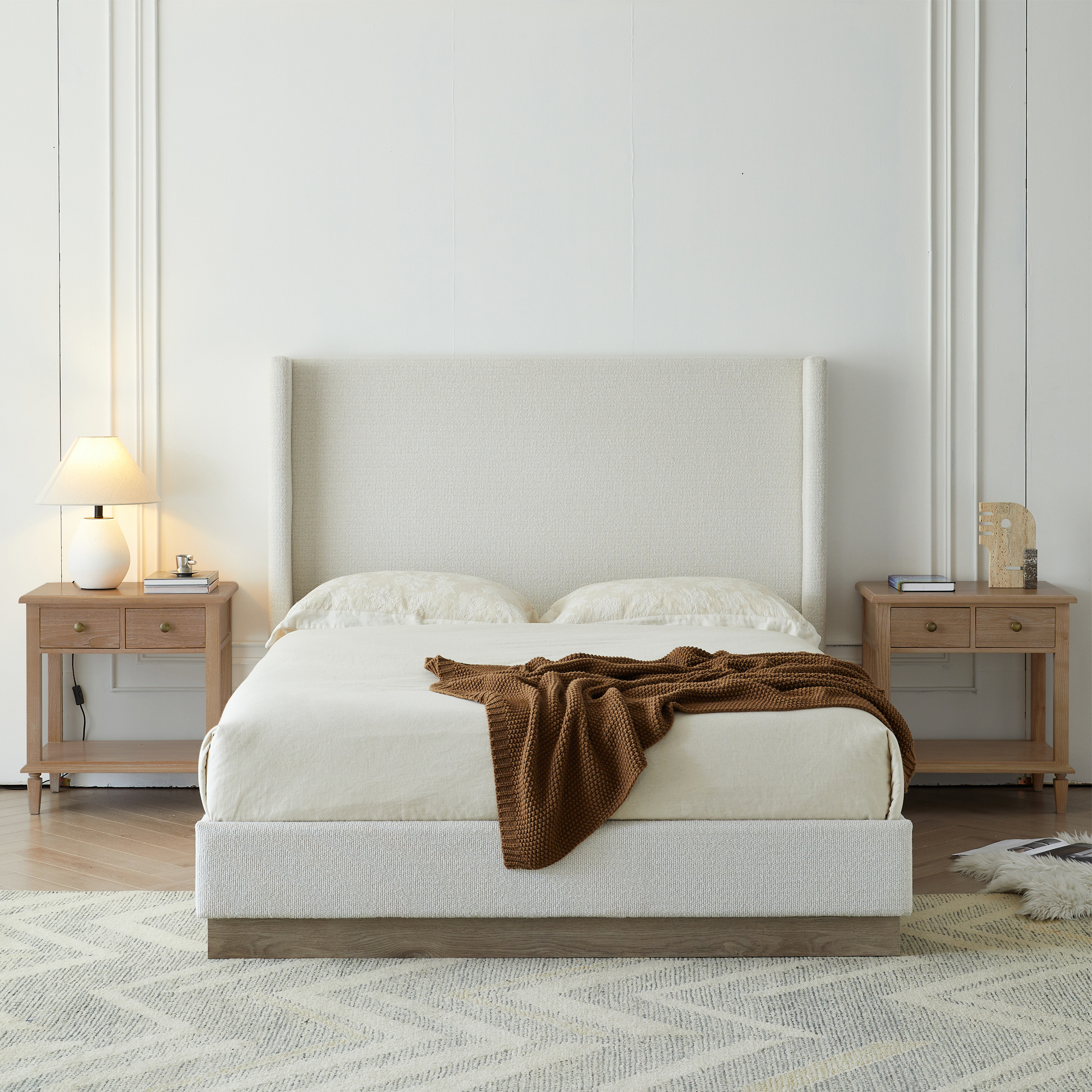 California King Upholstered Wingback Bed Frame - Cream White