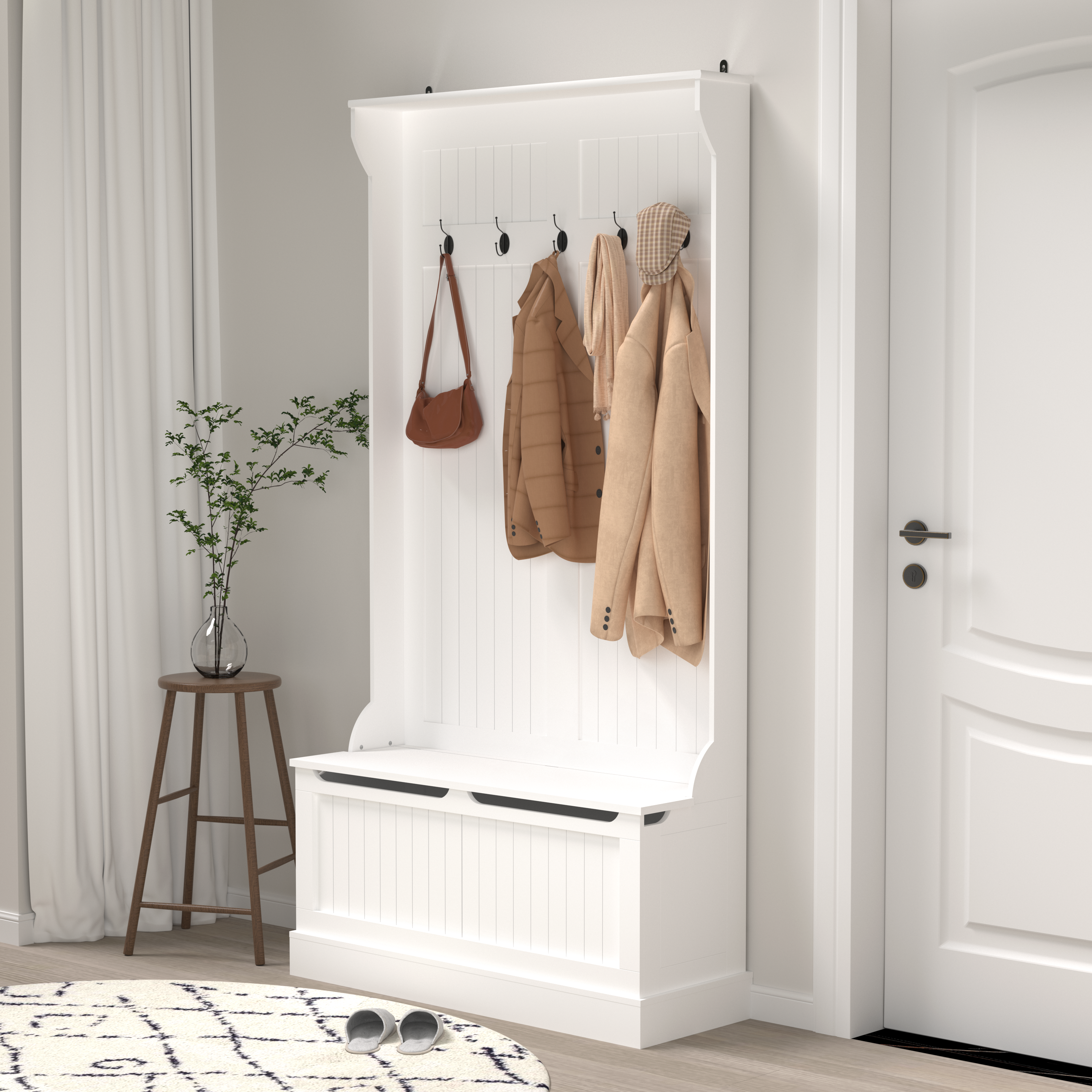 White Entryway Bench with Coat Hooks & Storage