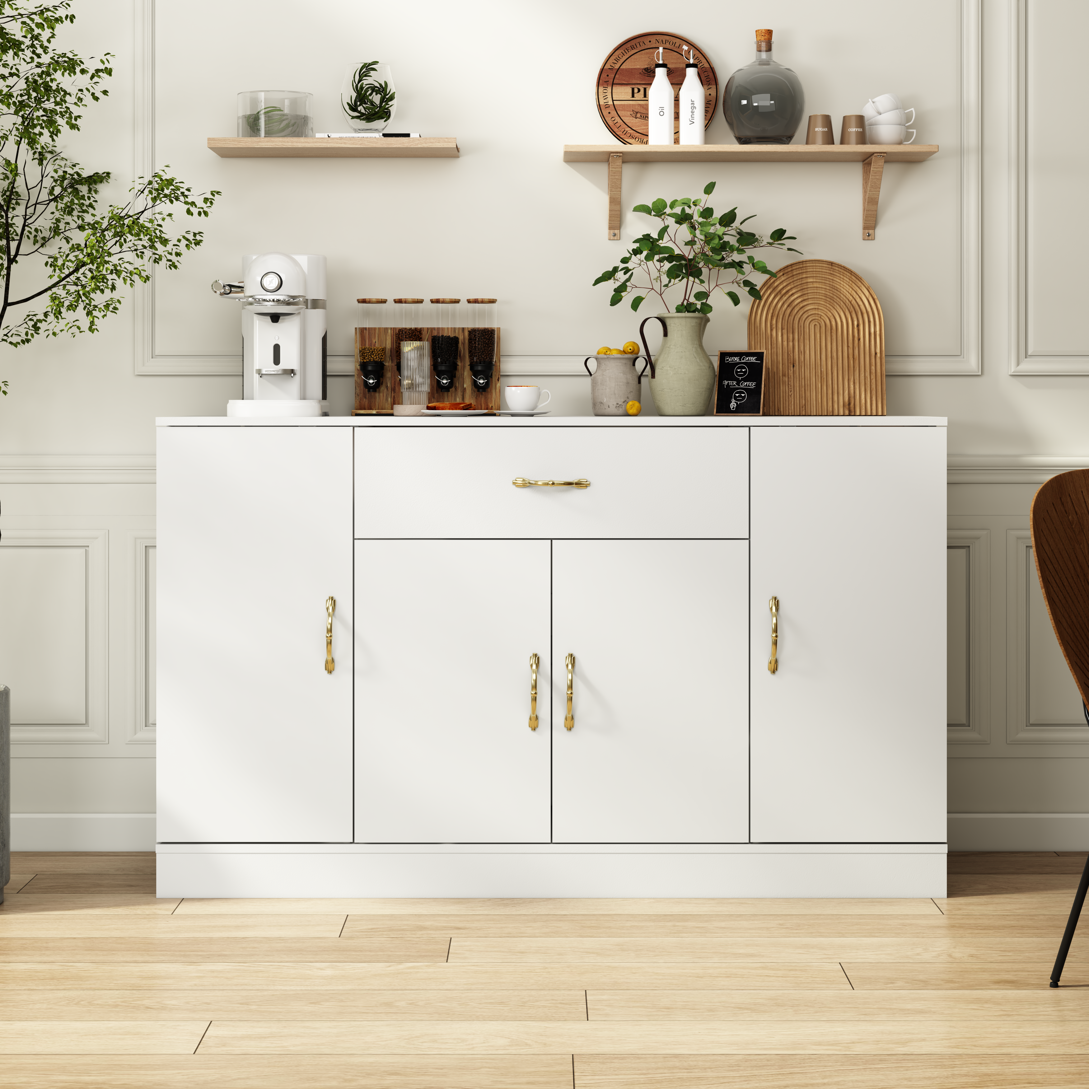 White Buffet Cabinet with 1 Drawer & 4 Doors - Kitchen Storage