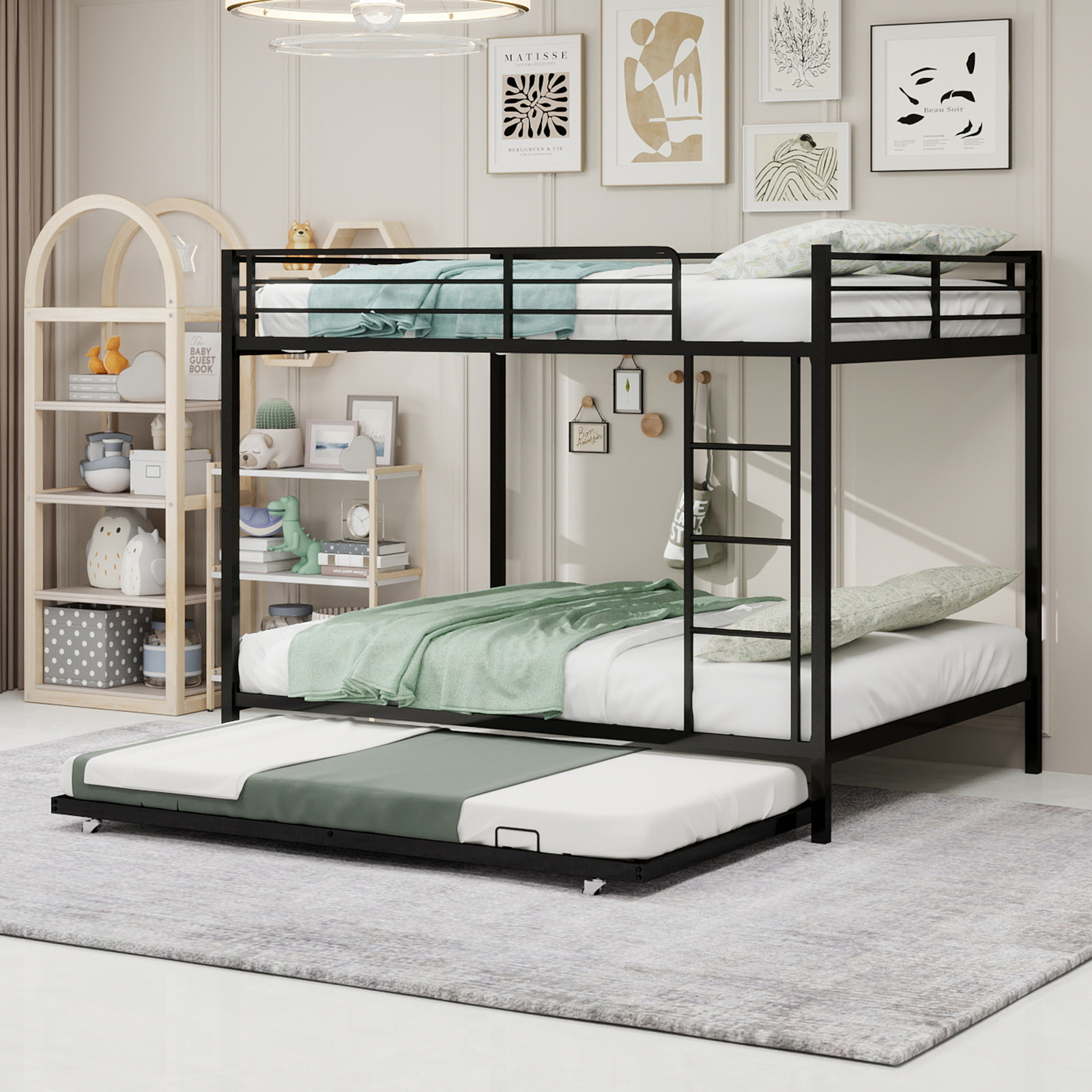 Full Size Iron Bunk Bed with Trundle - Black