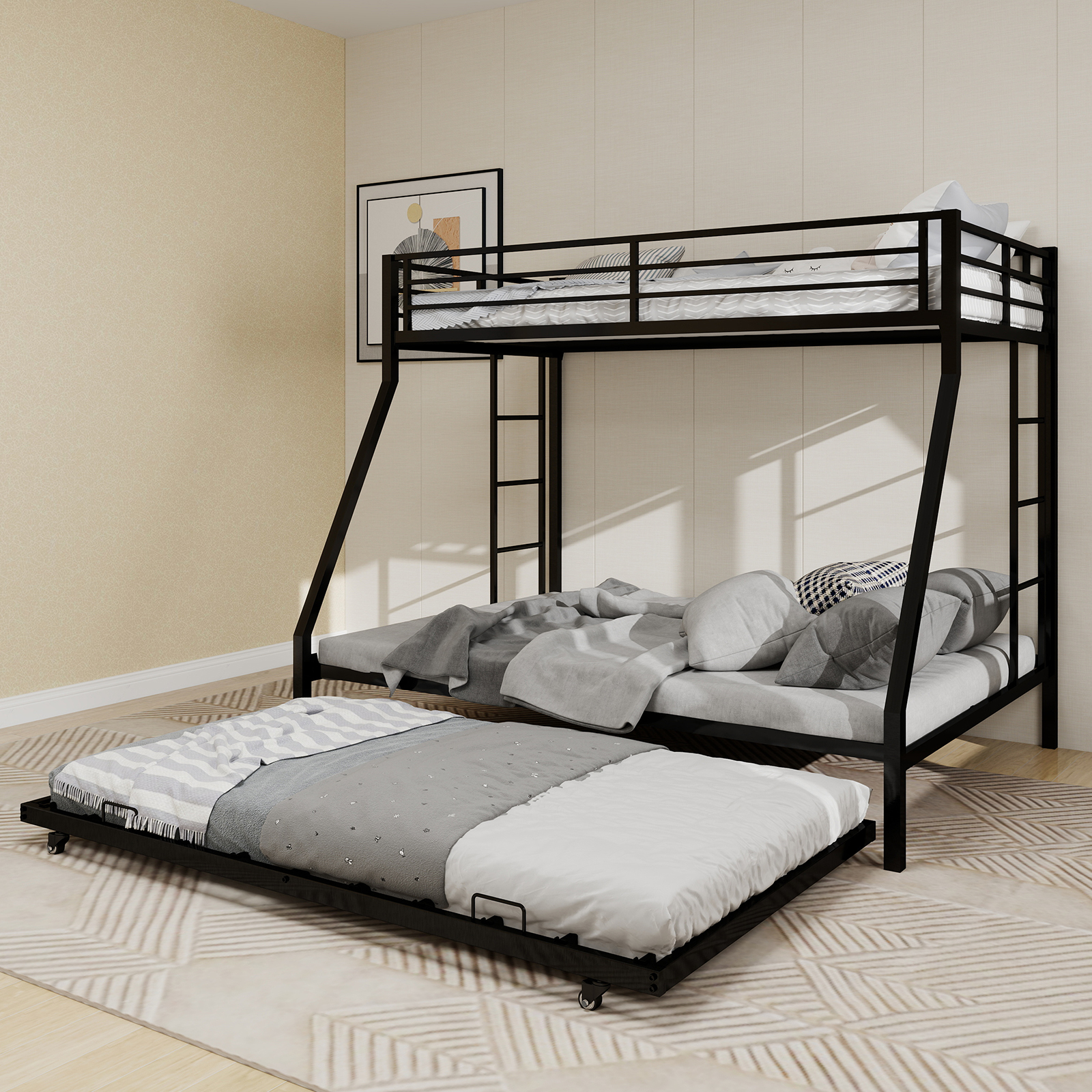 Black Iron Square Tube Bunk Bed - 3-Level with Trundle