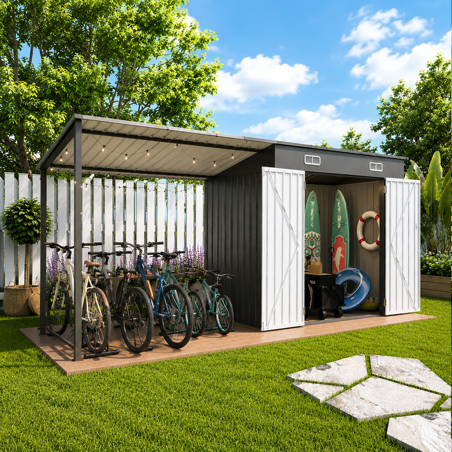 12x4 FT Metal Storage Shed with Pergola Combo