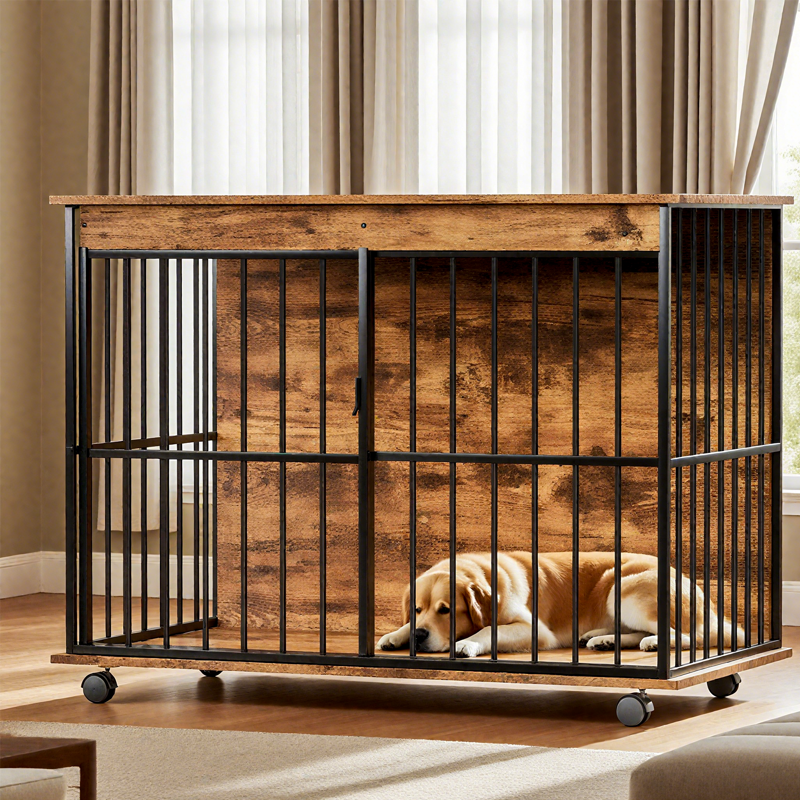 Large Dog Crate Furniture Walnut Black MDF Iron