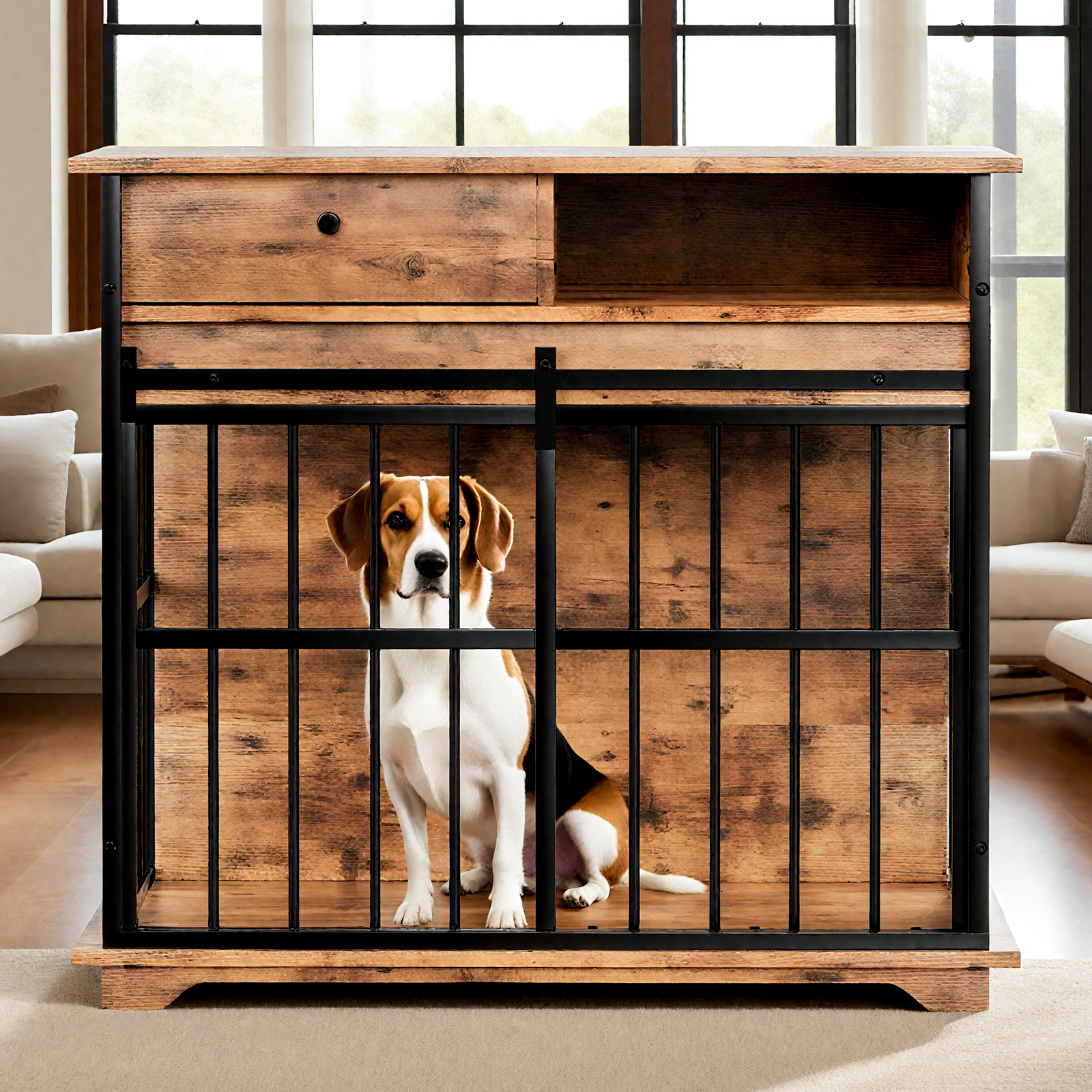 Large Walnut Dog Crate with Storage - Medium Large Dogs