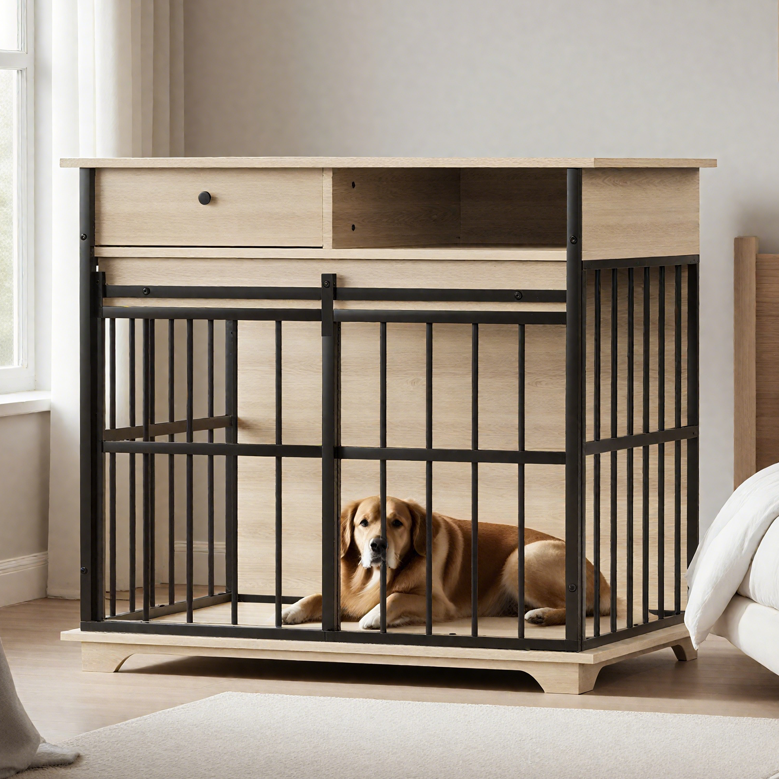 Large Dog Crate Furniture - Black Natural MDF Iron