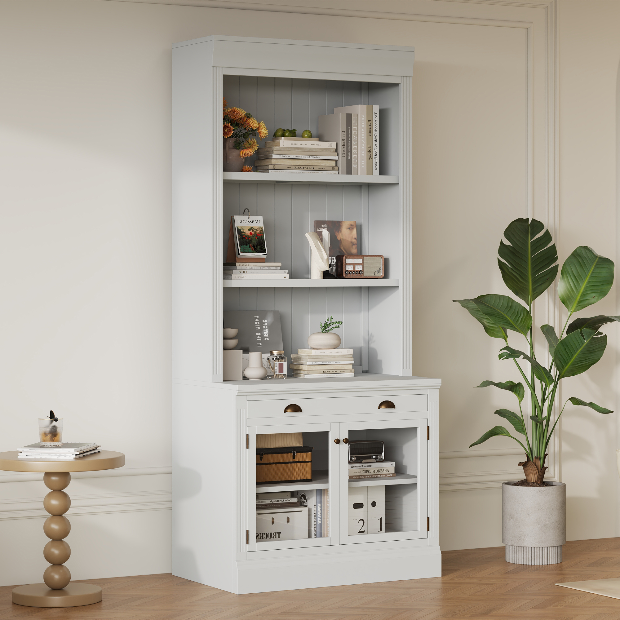 White Bookcase with 2 Glass Doors & 1 Drawer - 83.4" Tall