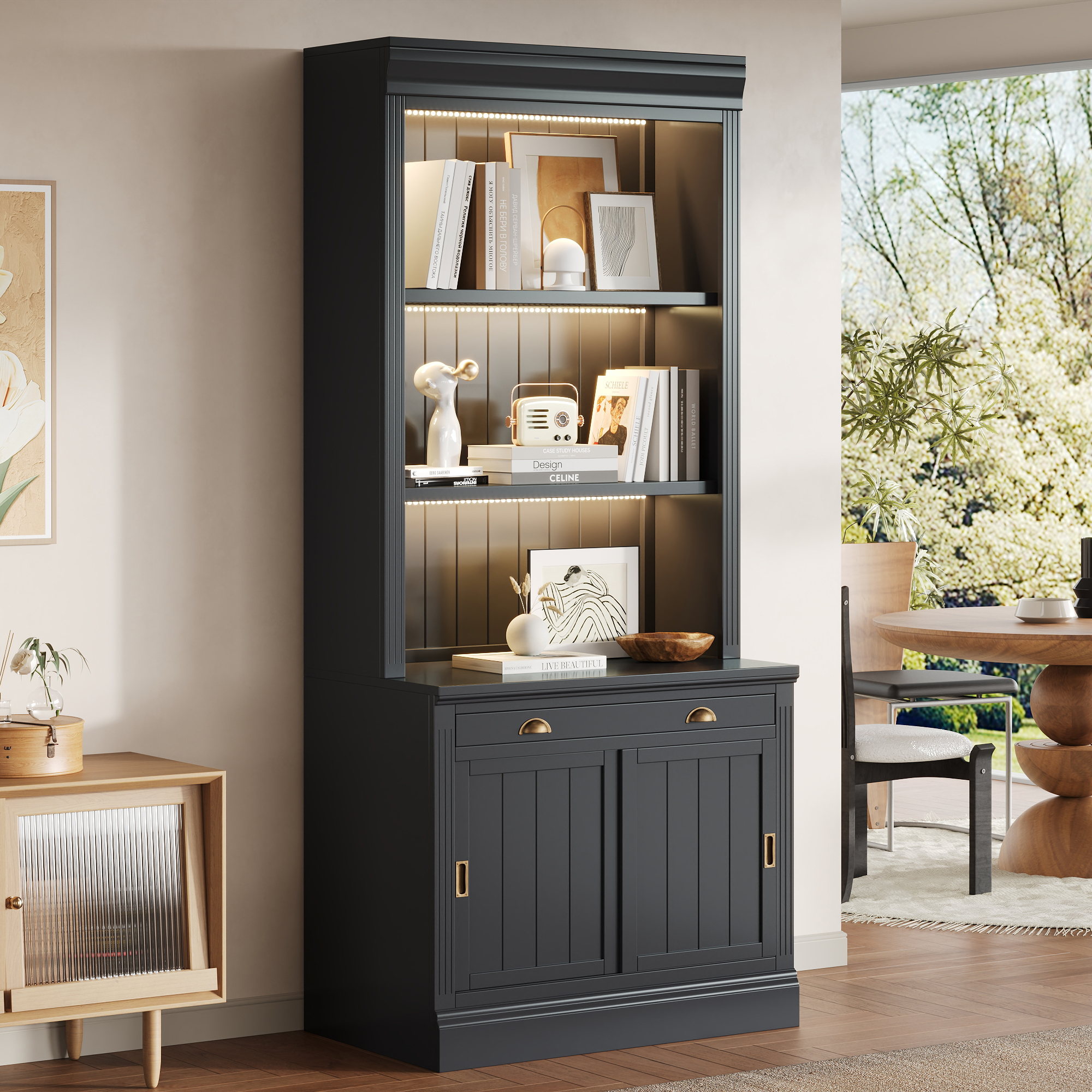 Black 83 Inch Bookcase with 3 Shelves & Drawer