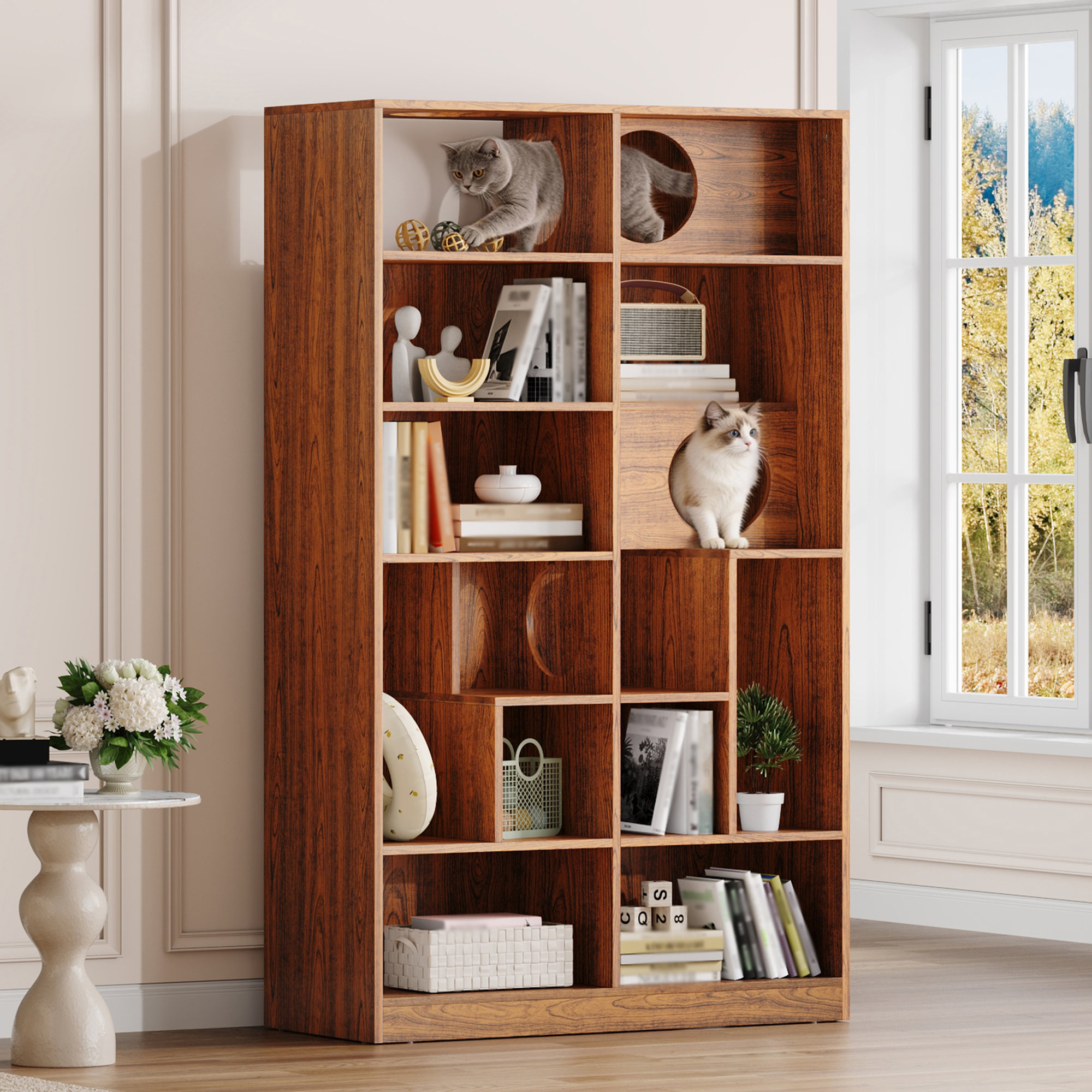 Mid-Century Modern Cat Bookshelf - Brown
