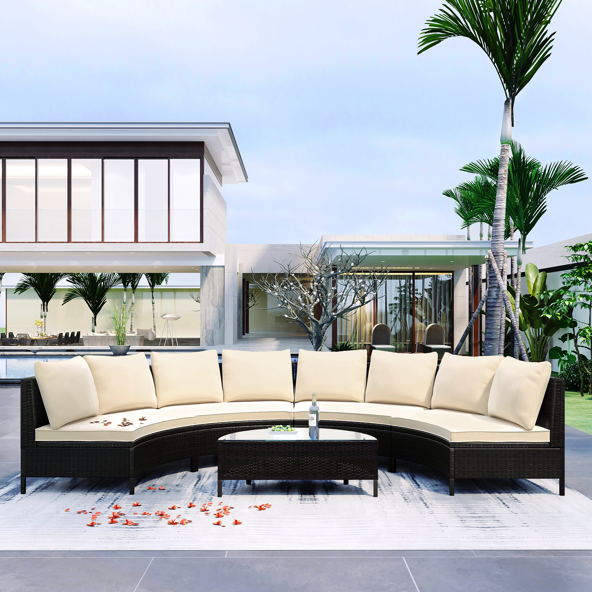 Beige Rattan Patio Sofa Set - 5 Piece Outdoor Furniture