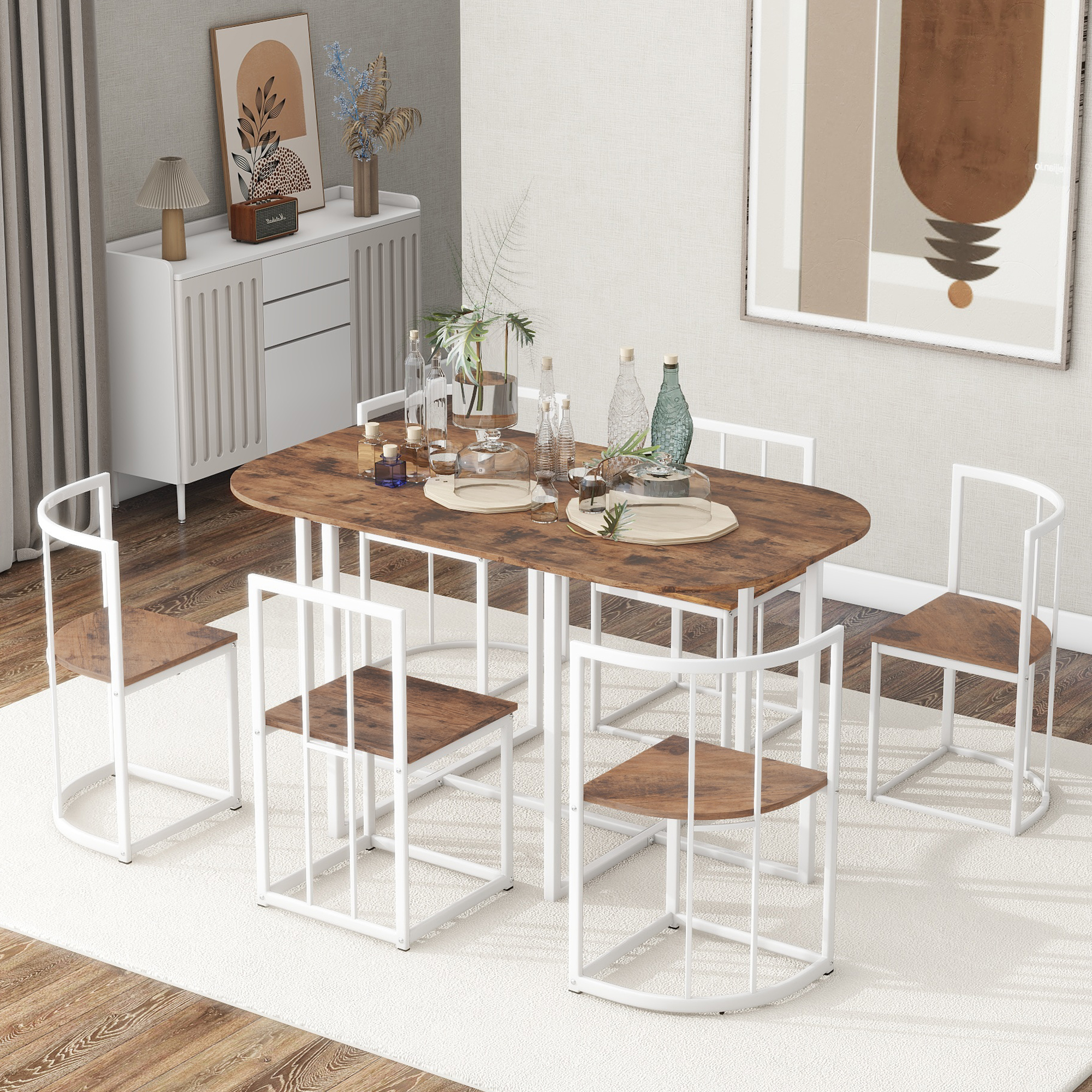 Modern 6-Person Dining Table Set - White Iron