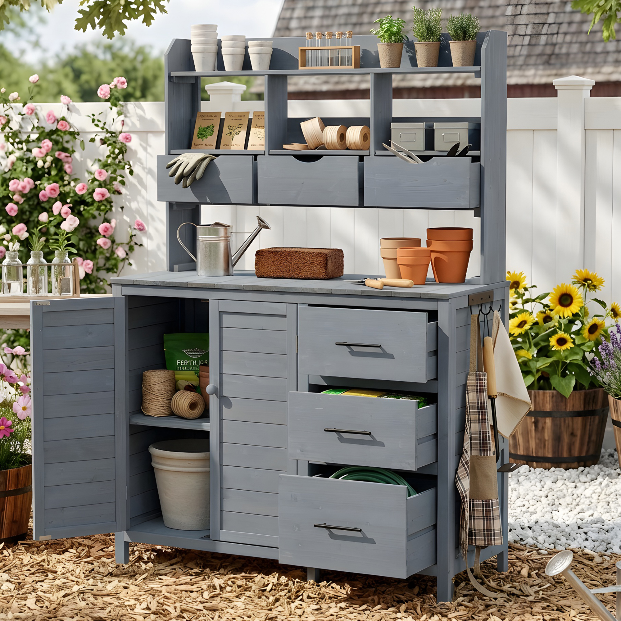 Rustic Gray Fir Wood Patio Potting Bench with Storage for Garden Workstation