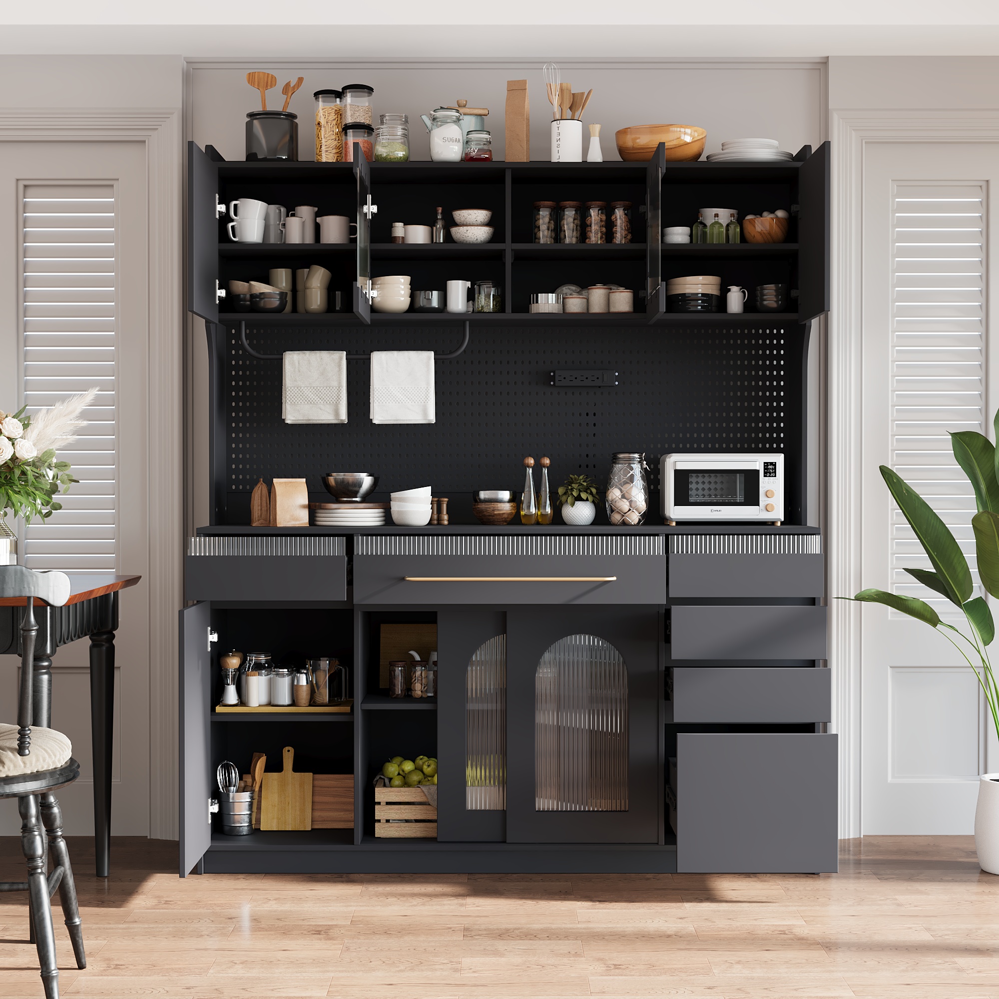 Black Farmhouse Buffet with Hutch - Kitchen Storage