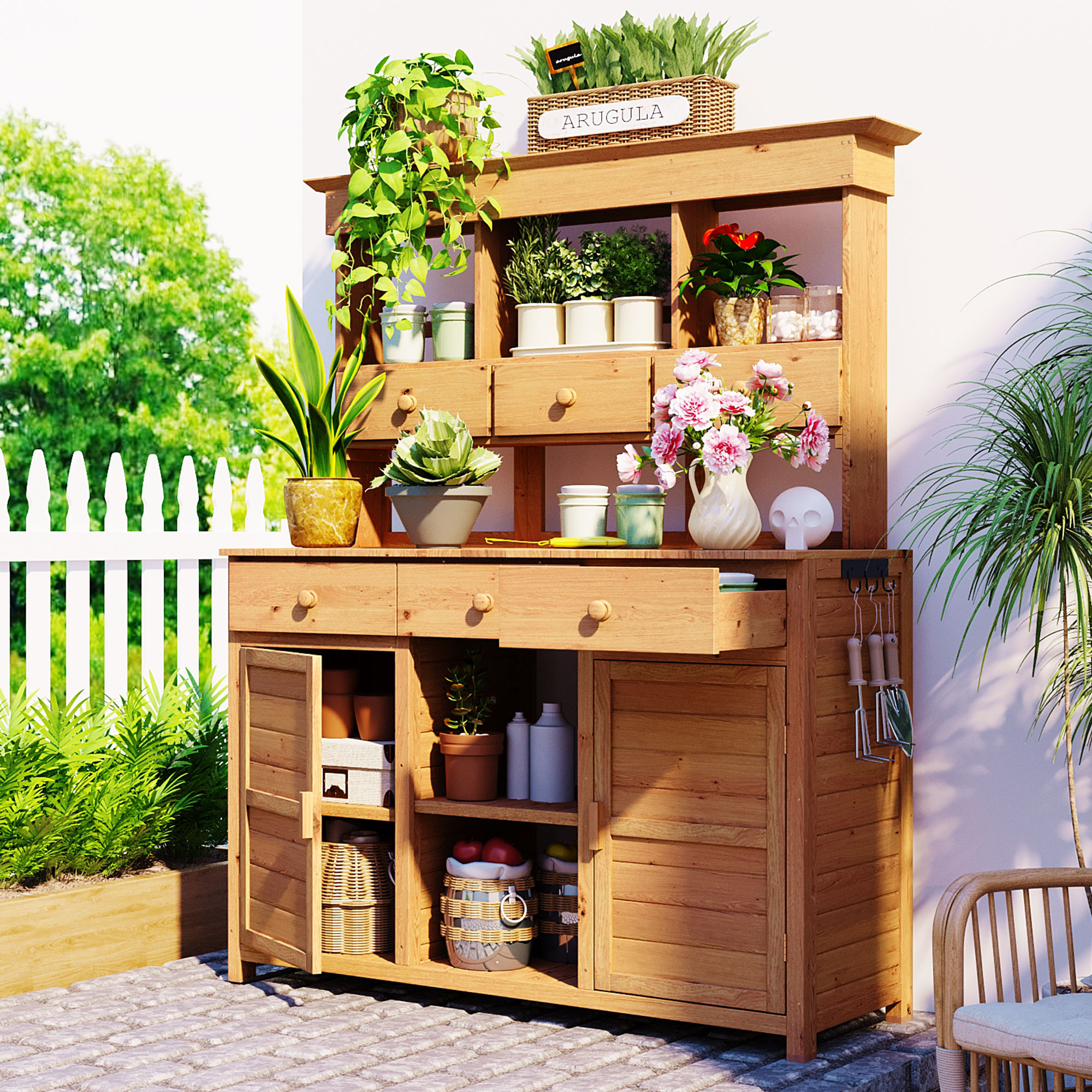 Rustic Wood Potting Bench with Hutch - 65.7" Tall