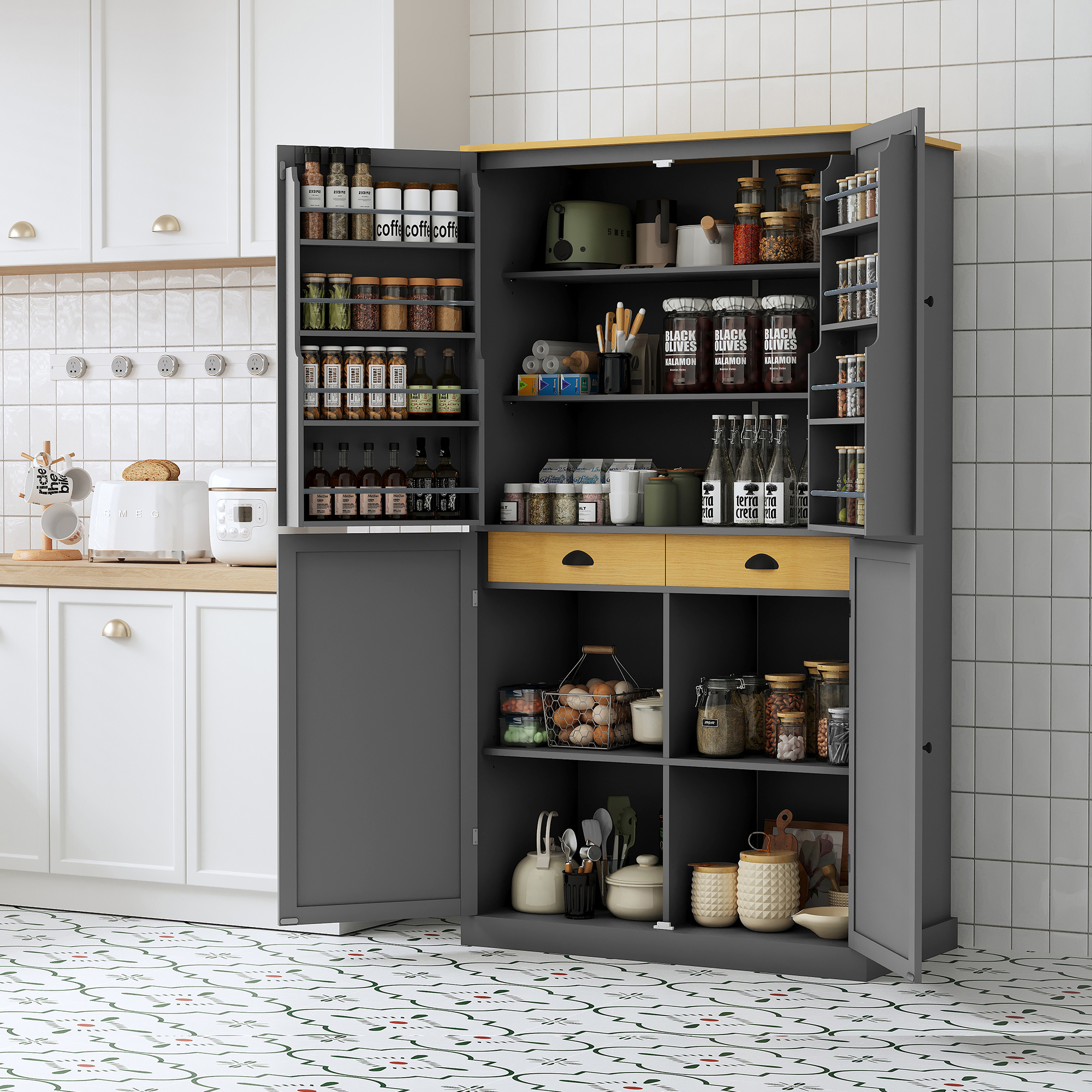 Gray Farmhouse Kitchen Pantry Cabinet with Adjustable Shelves