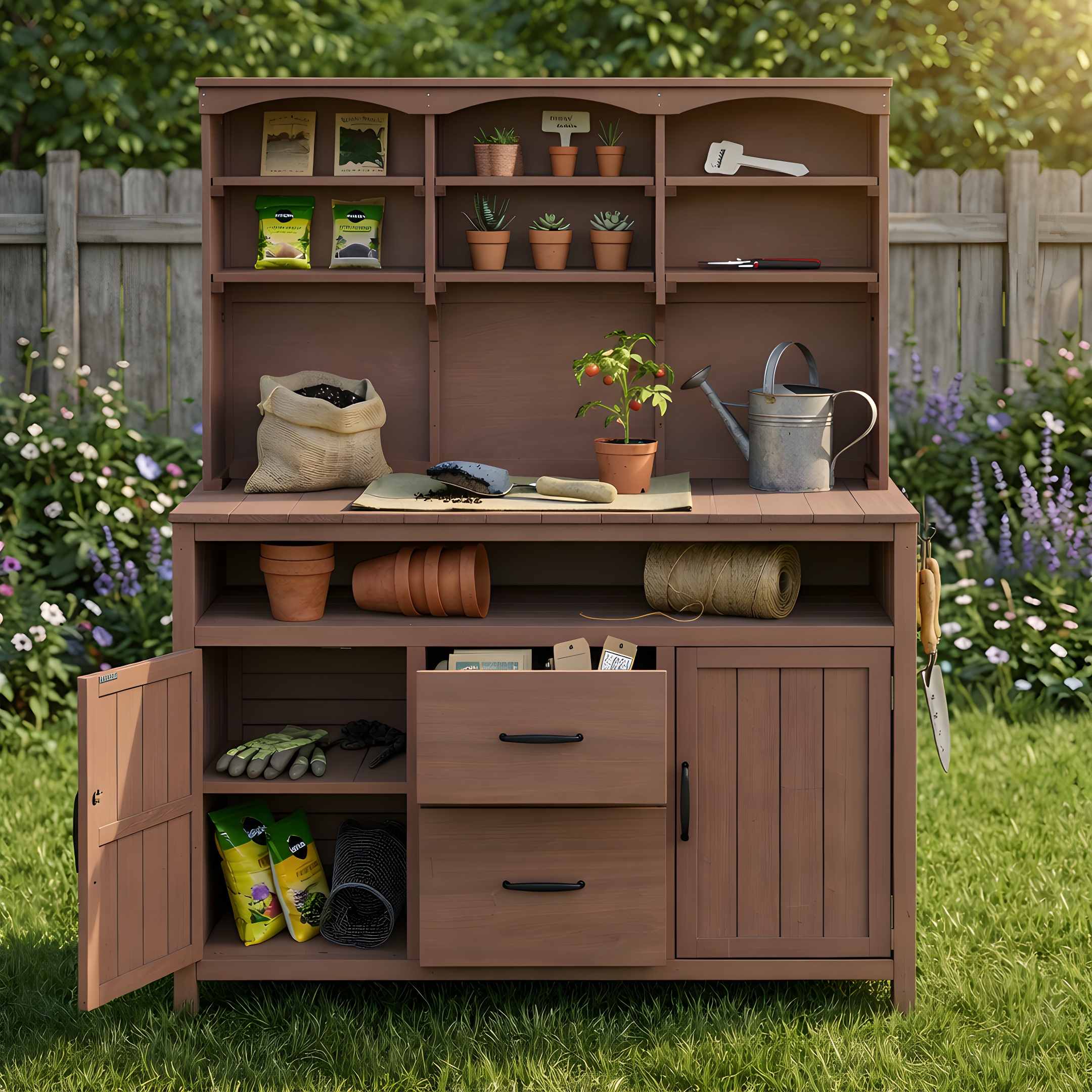 Large Brown Wood Potting Bench - Outdoor Kitchen Island