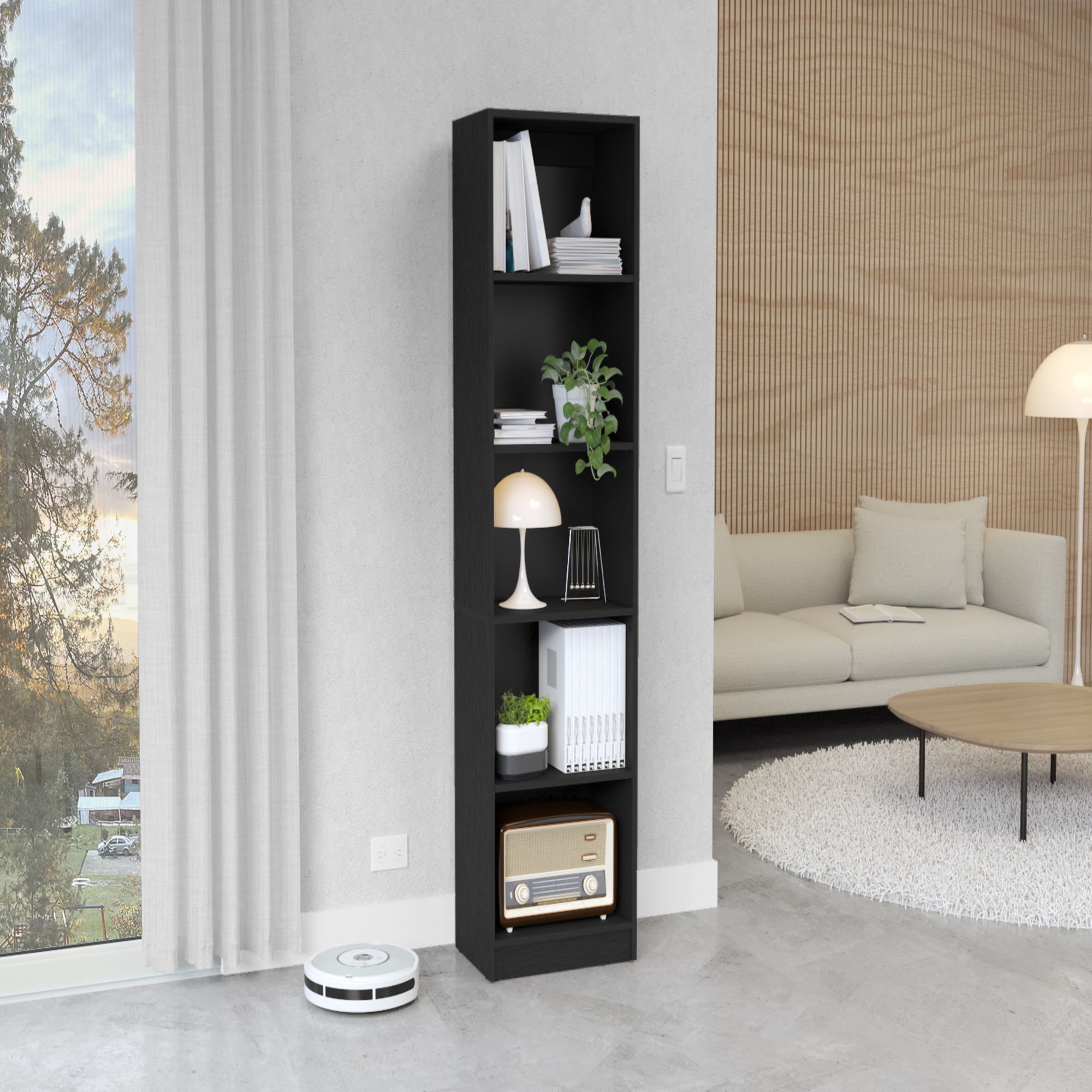 Modern Black Compact Bookshelf with Five Shelves for Living Room