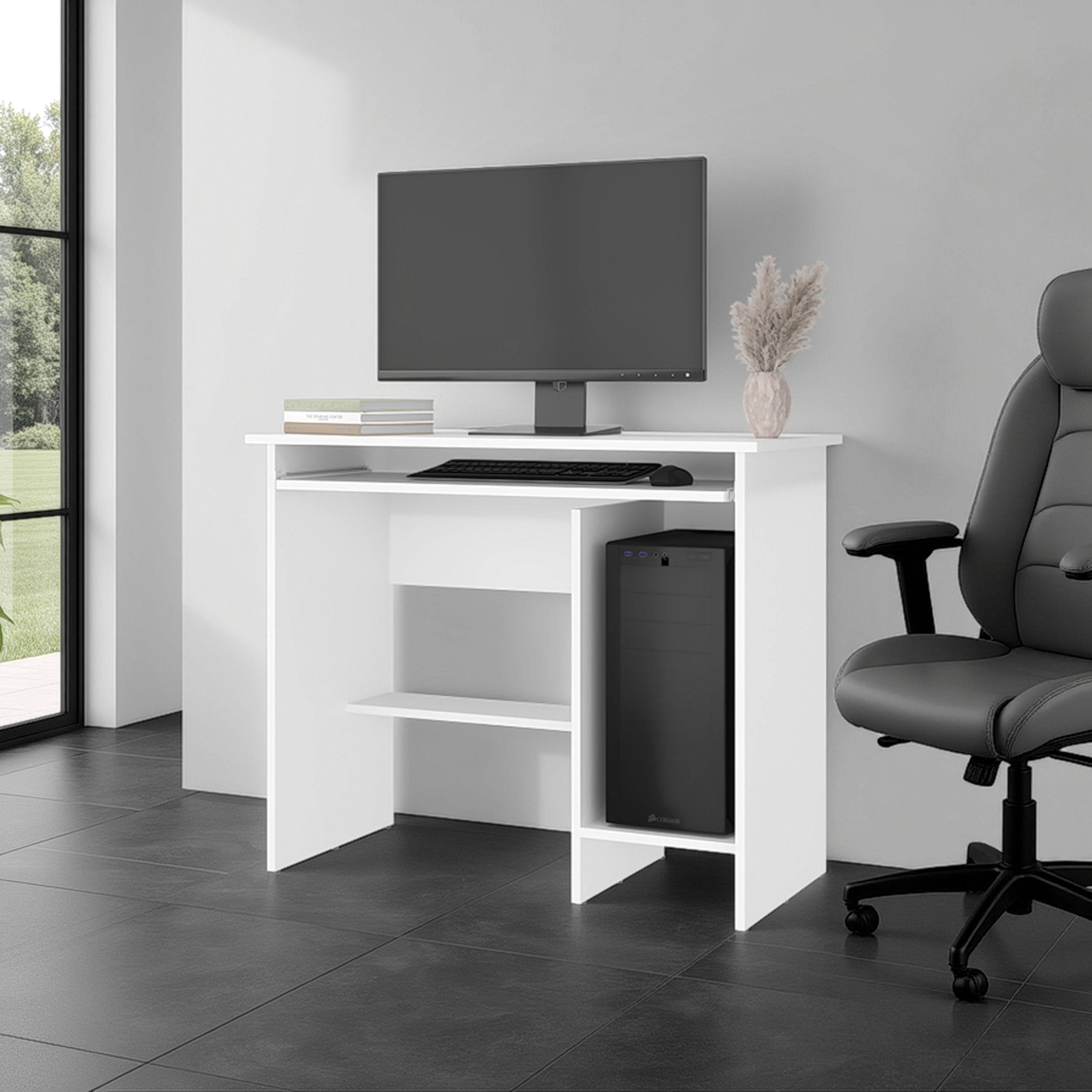 White Computer Desk with Keyboard Tray - 36" W
