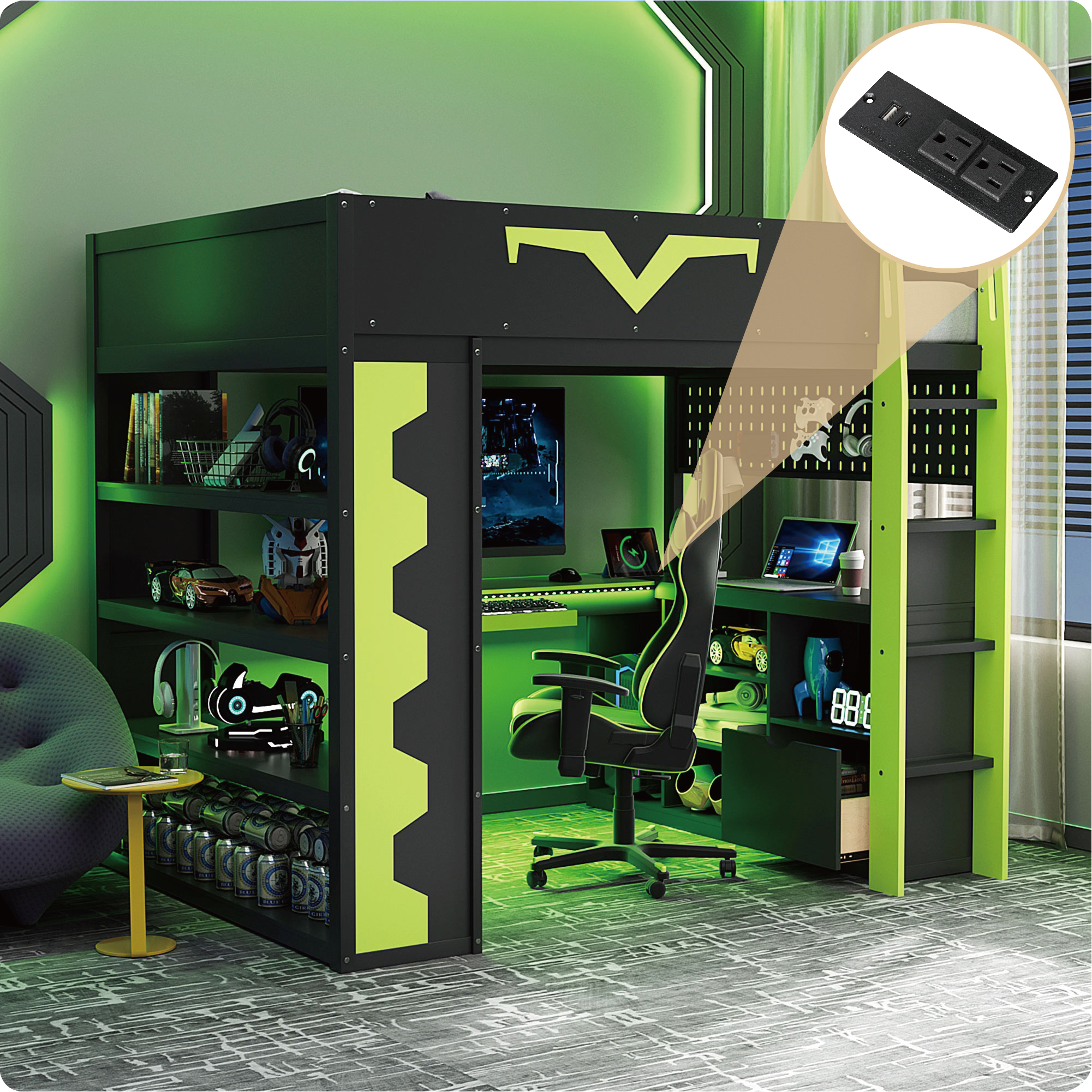 Full Size Gaming Bed with Desk - Green Wood Frame