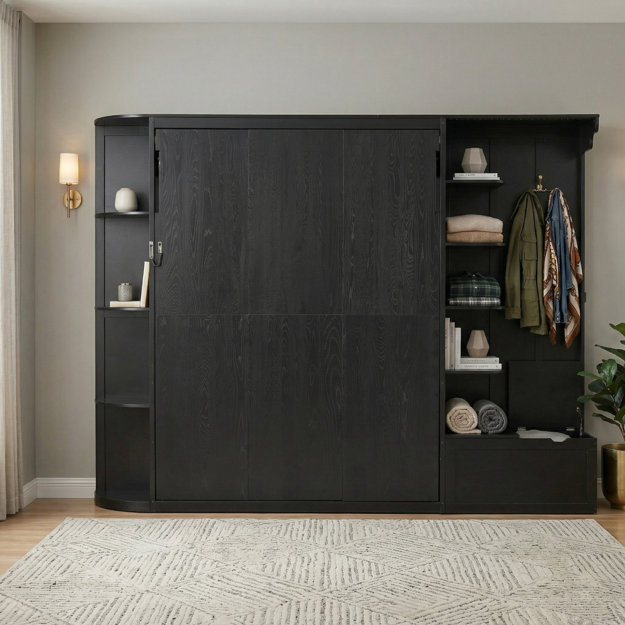 Queen Murphy Bed with Storage & Lights - Black