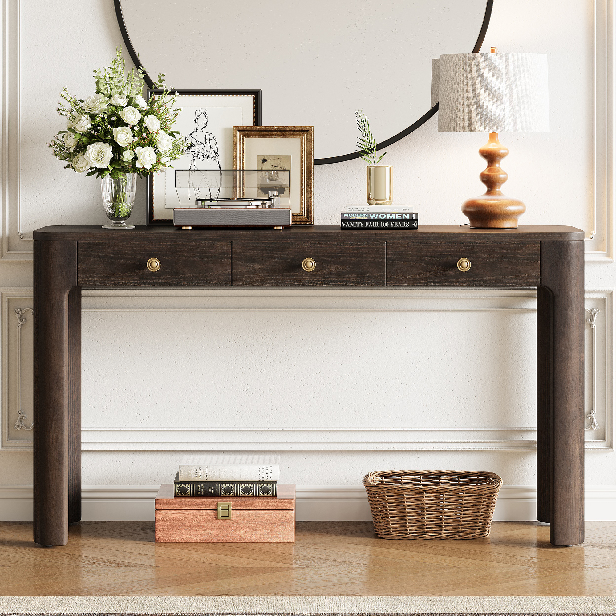 Espresso Solid Wood Console Table - 3 Drawers