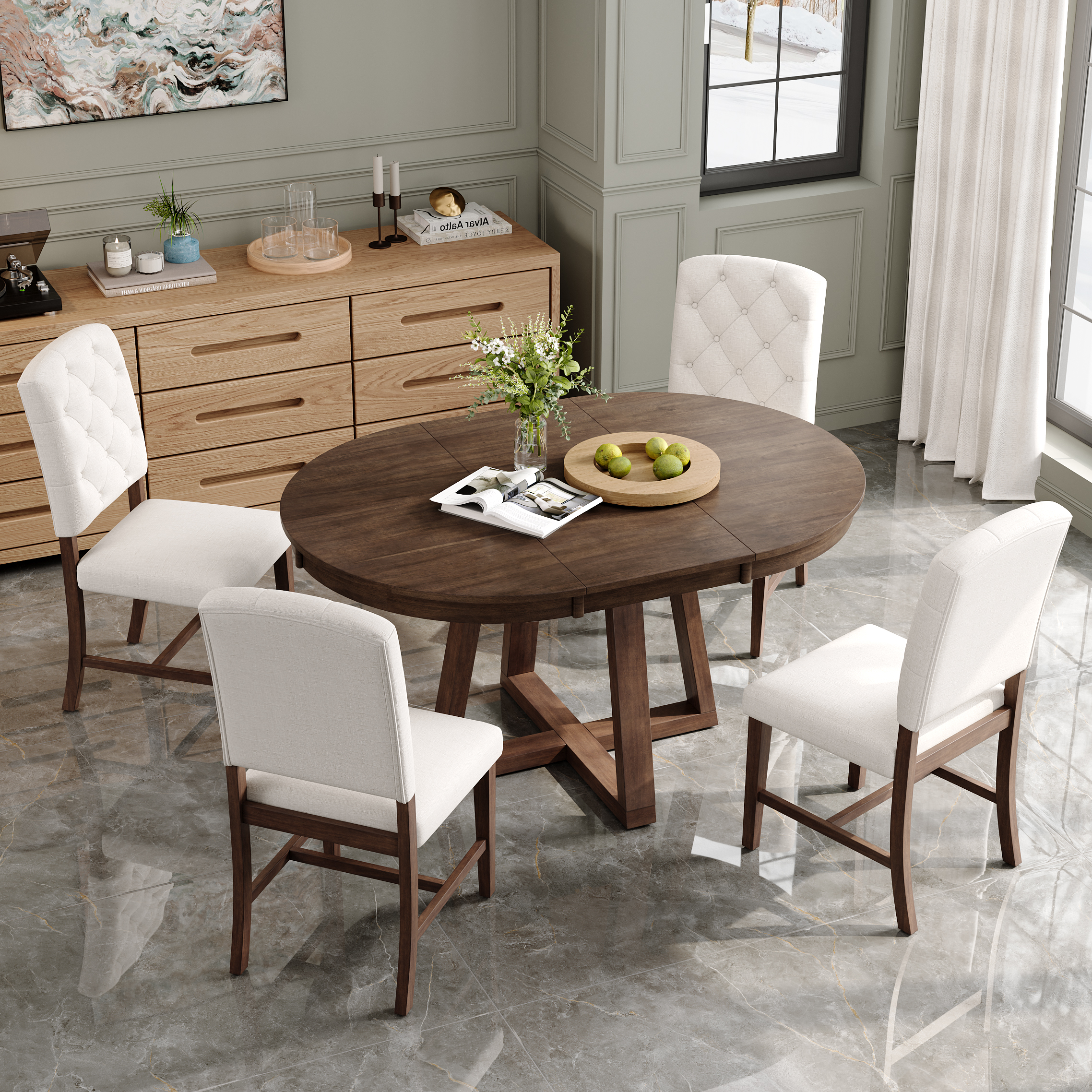 Walnut Round Dining Table Set - 5 Piece Set