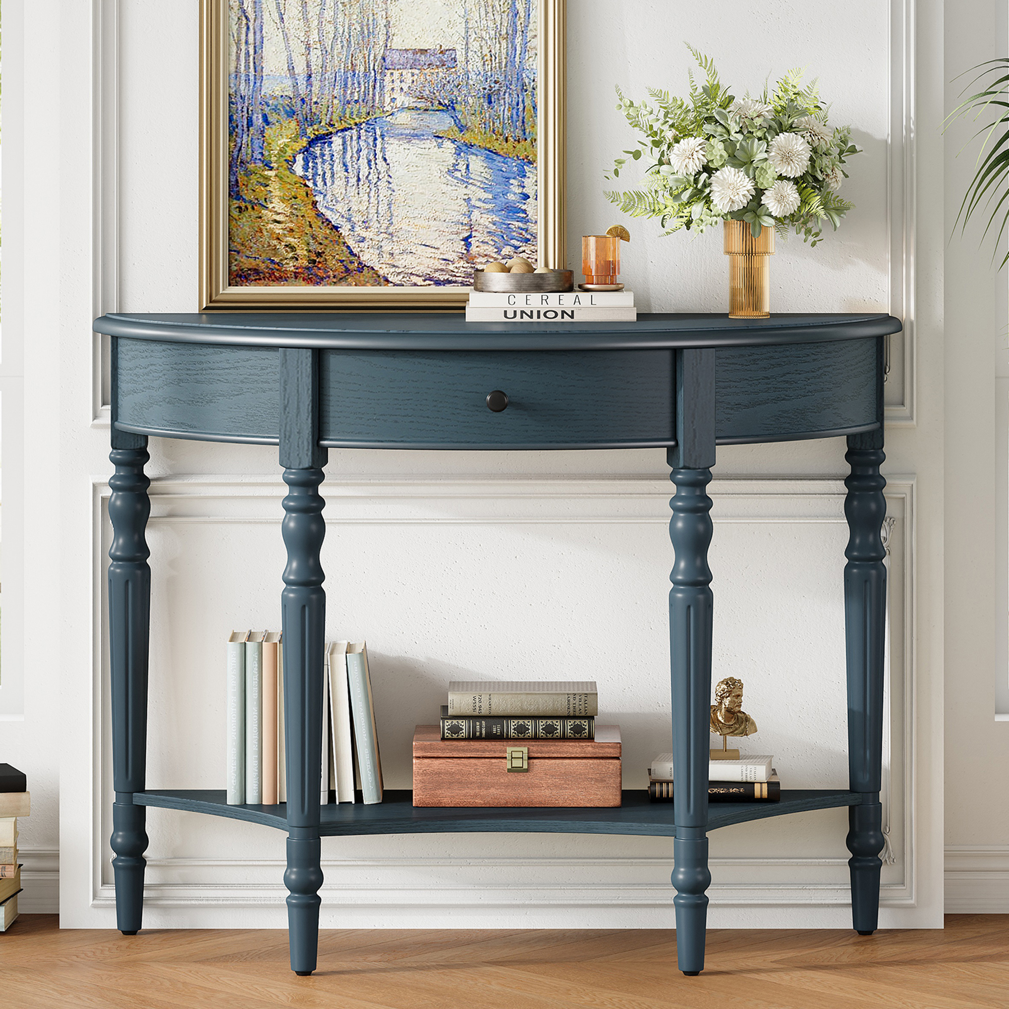 Navy Solid Wood Half Moon Console Table with Drawer