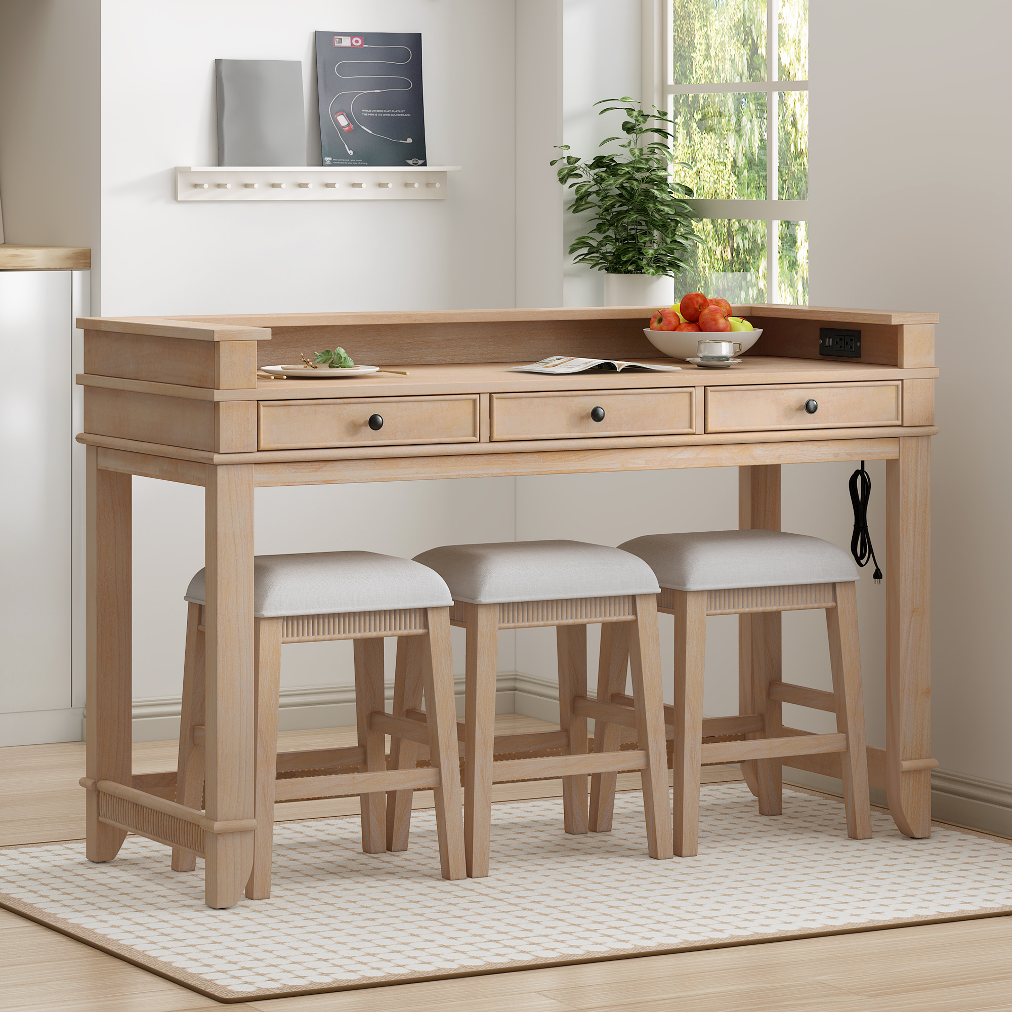 3-Piece Natural Wood Dining Table Set with Bar Stools