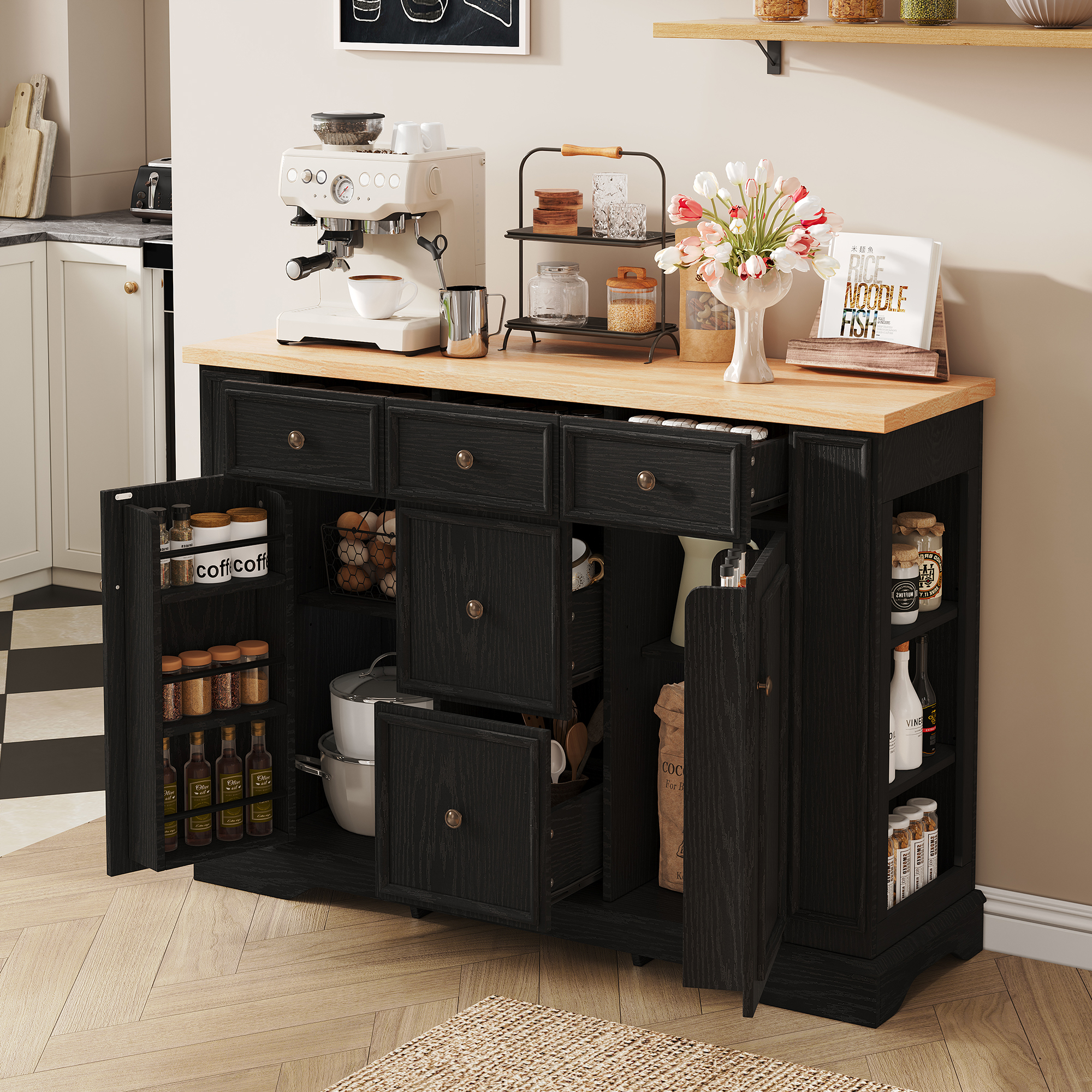 Black MDF Sideboard Buffet Cabinet - 5 Drawers