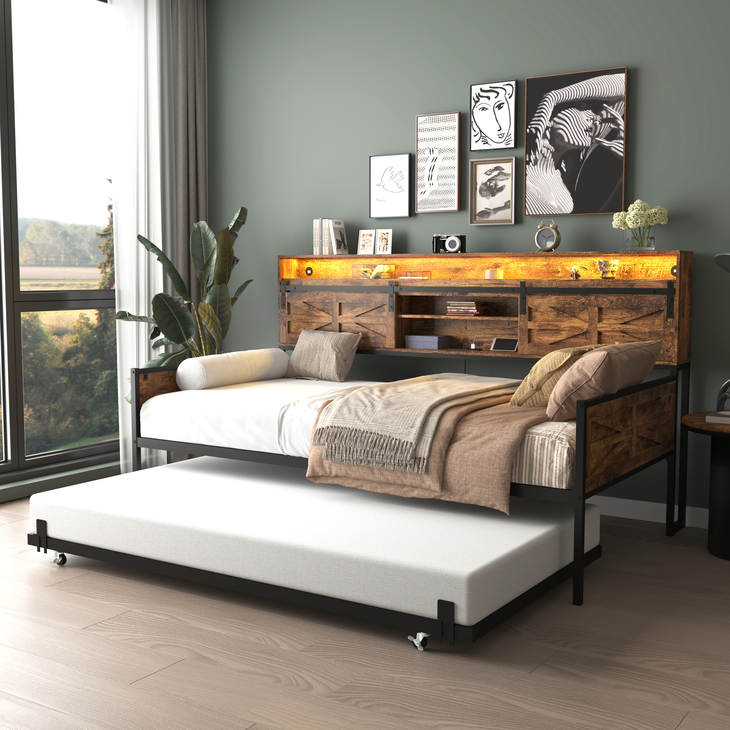 Black Brown Sofa Bed Daybed with Storage & Charging