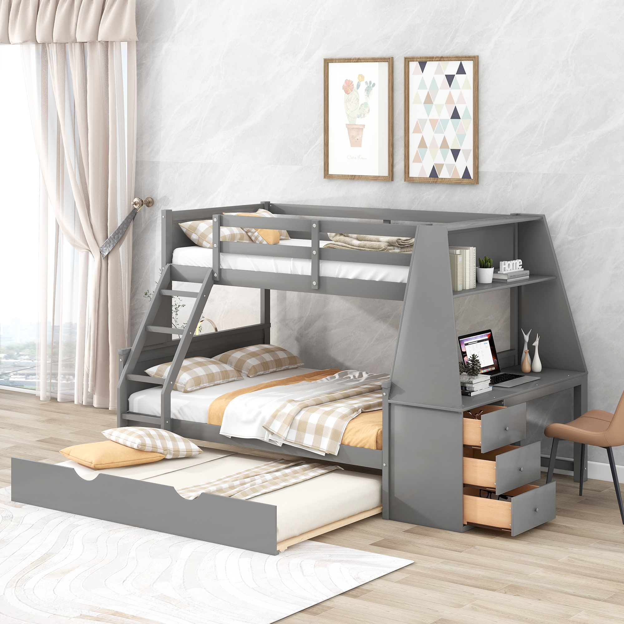 Twin Over Full Bunk Bed with Trundle Gray