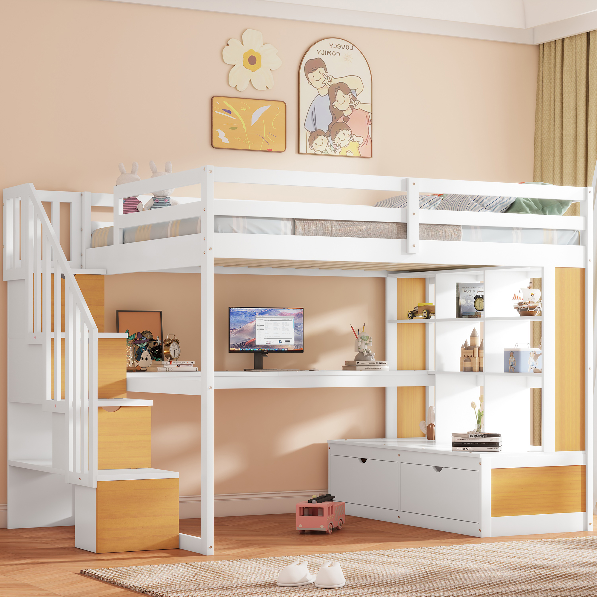 Full Size Loft Bed with Desk & Storage - Natural White