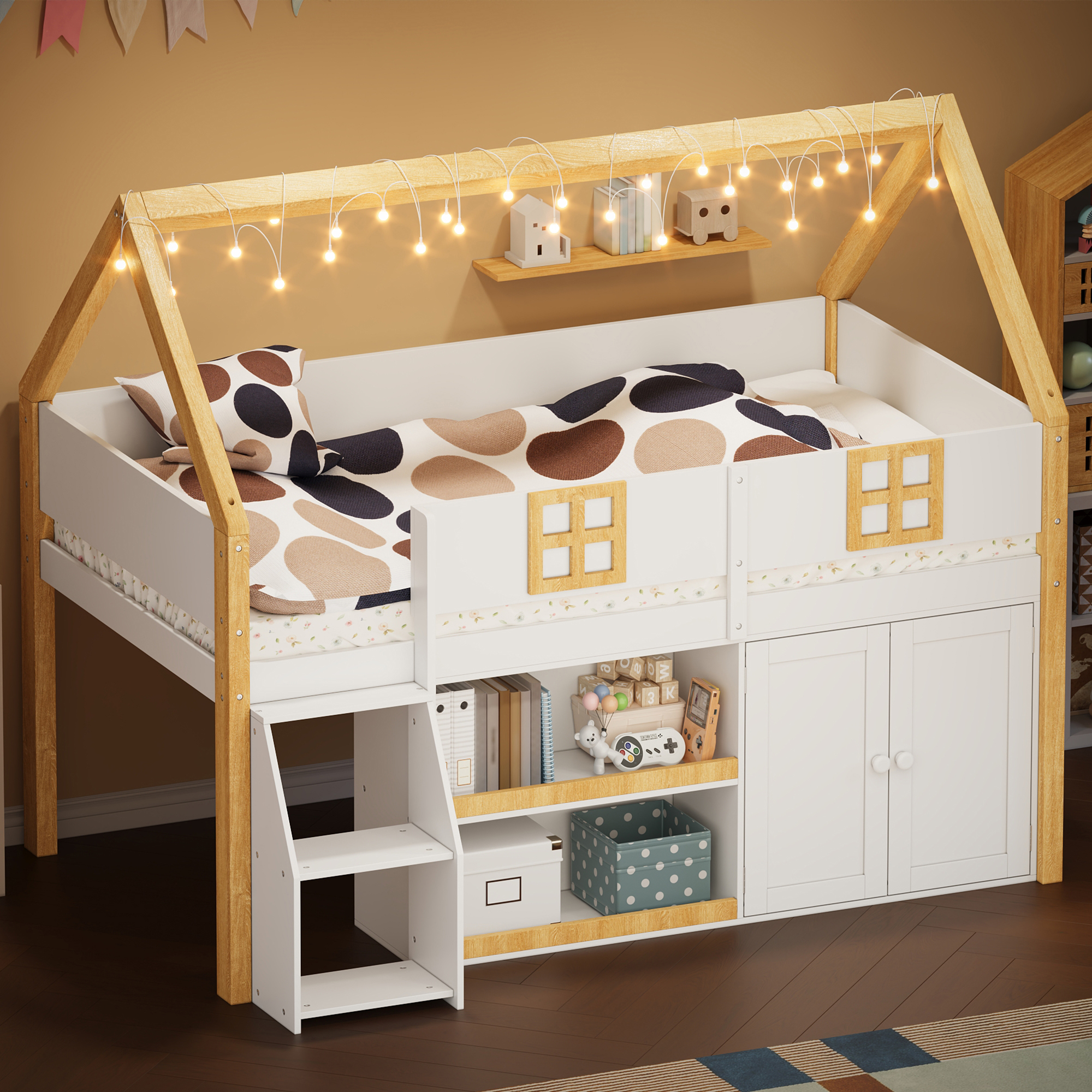 Twin Loft Bed with Storage & LED Lights - Natural White