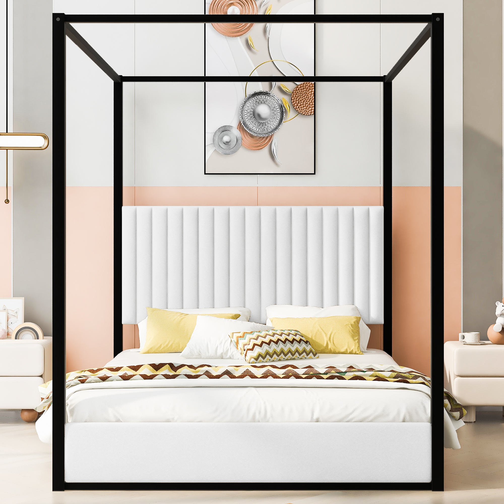 Queen Size Black White Upholstered Canopy Bed Frame