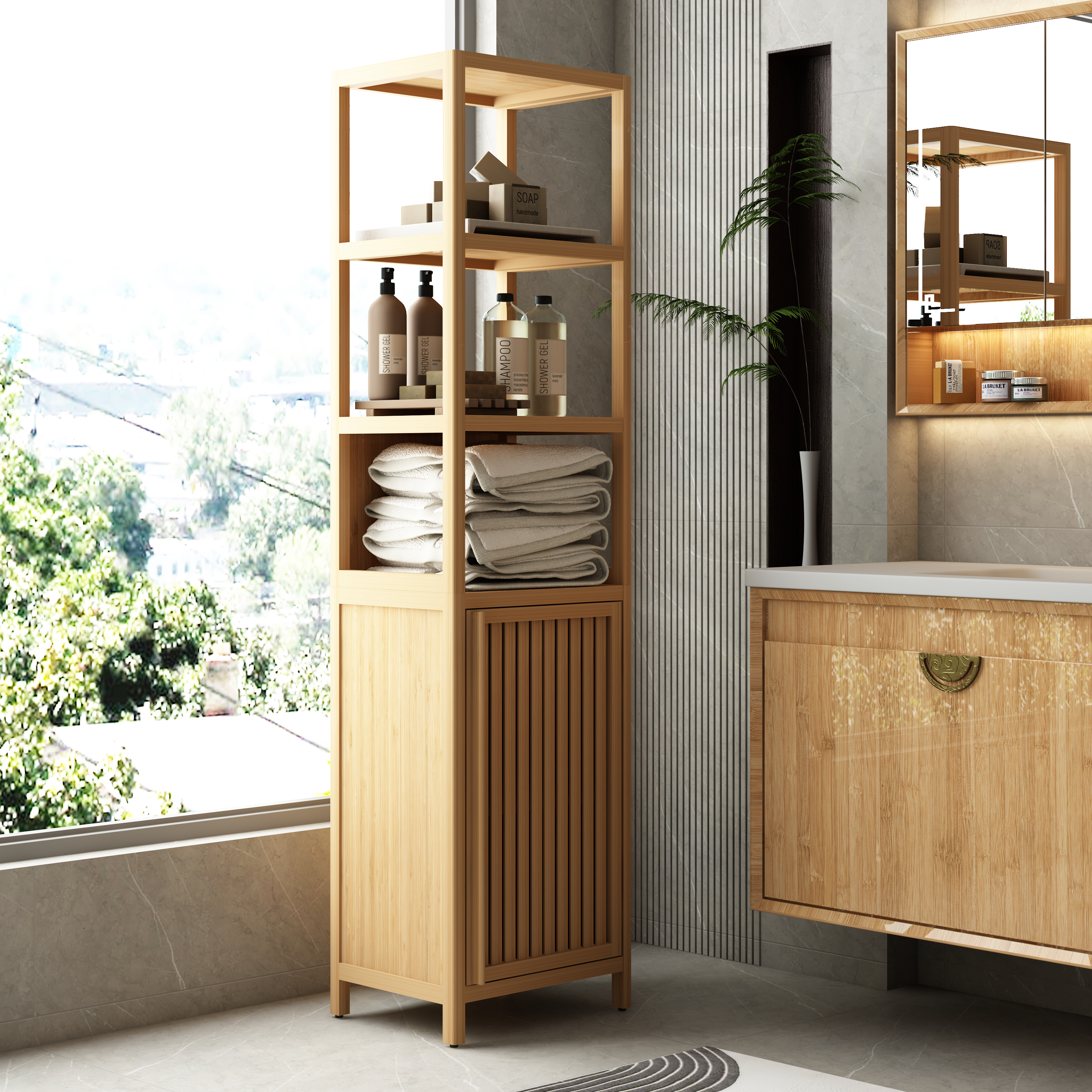 Natural Bamboo Tall Slim Cabinet with Shutter Doors, 64.76" Height