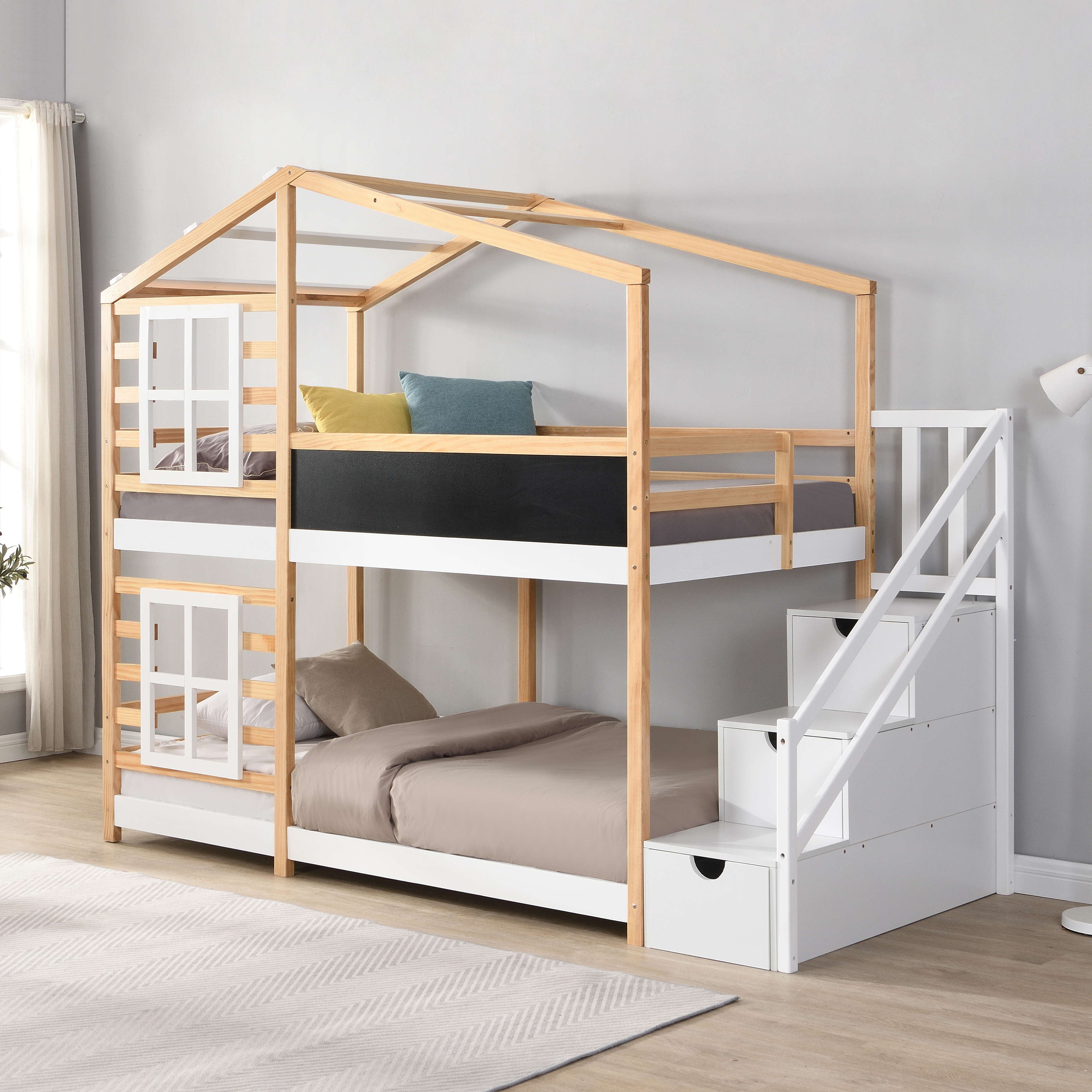 White Natural House Bunk Bed Twin Over Twin with Windows