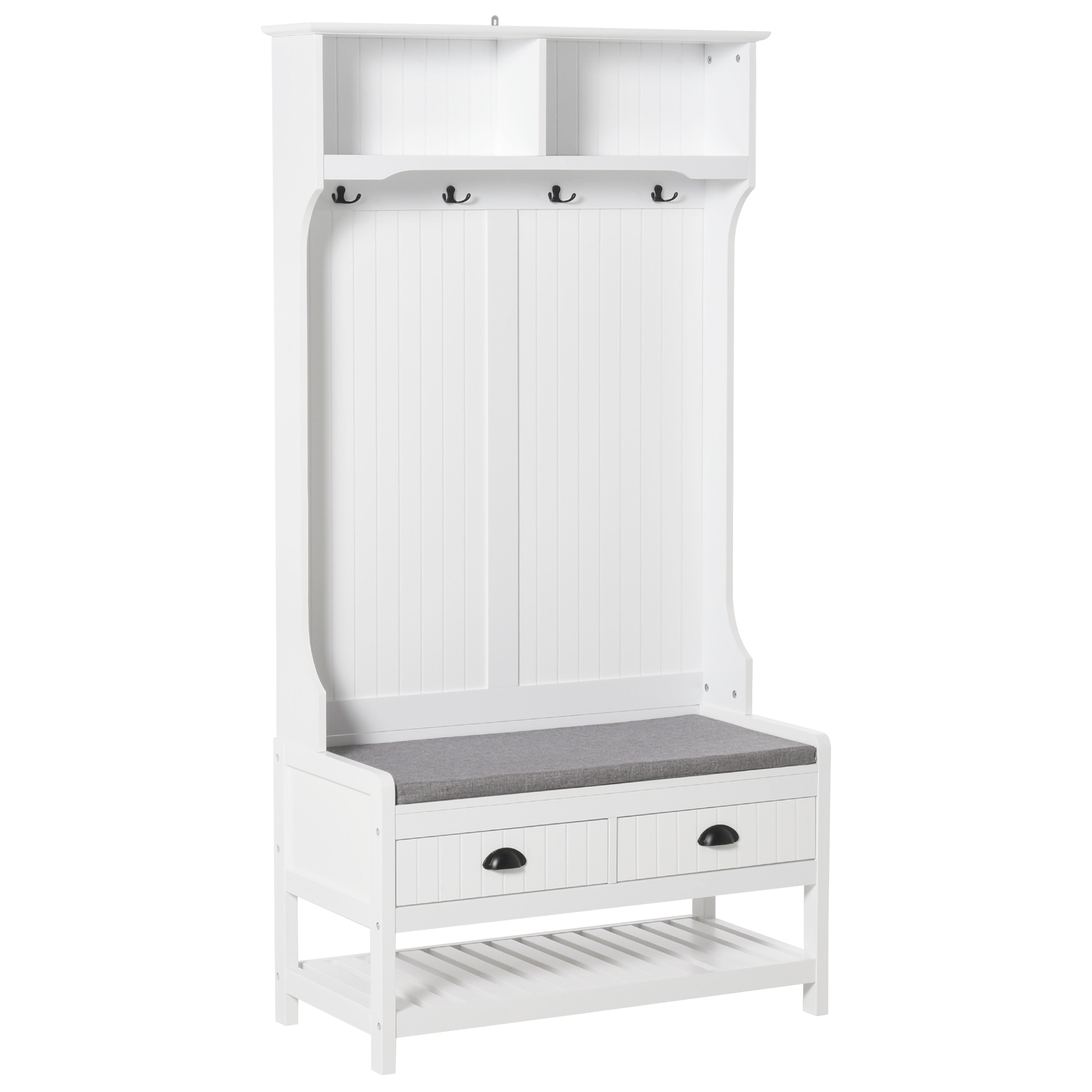 White Hall Tree with Bench & Coat Hooks - Entryway Storage