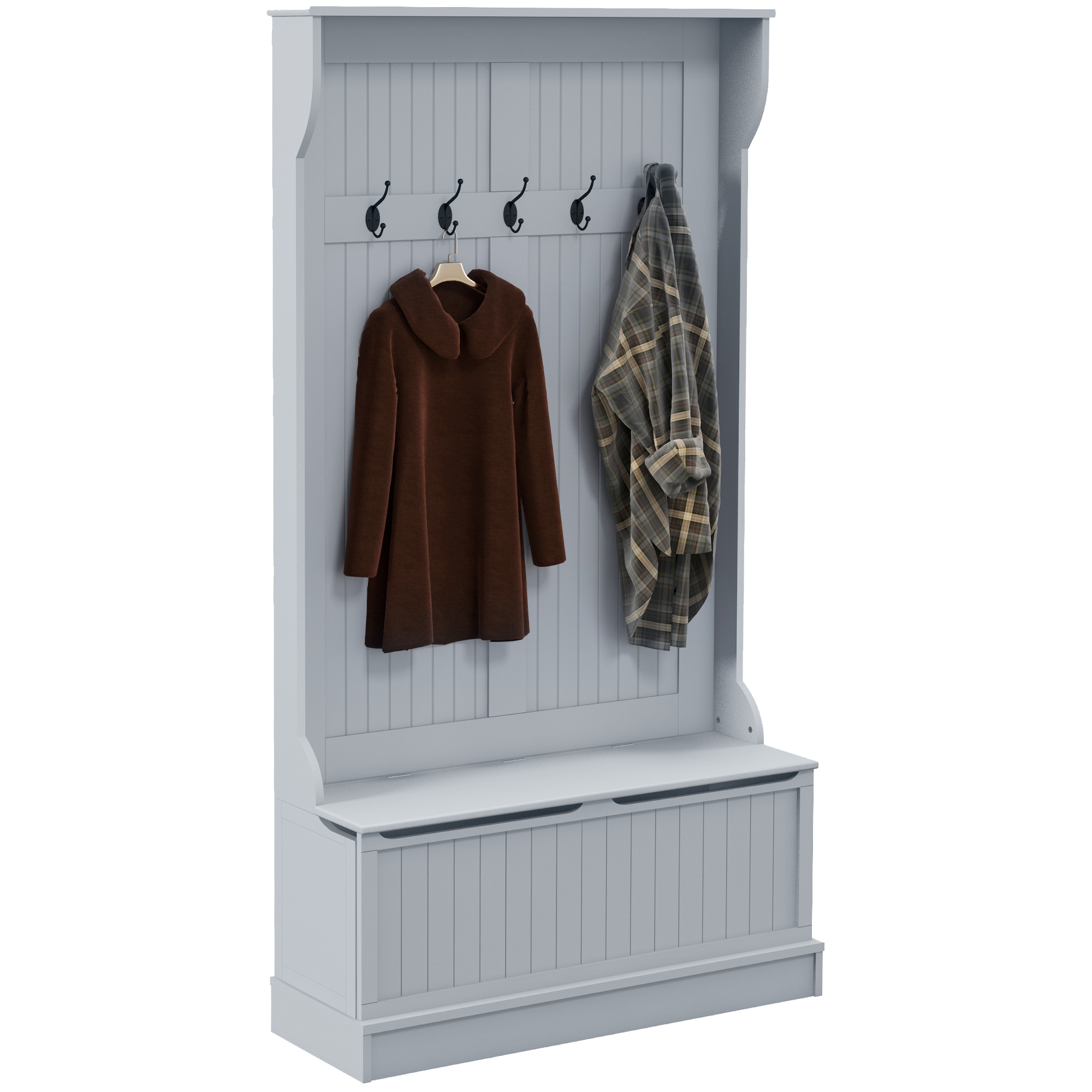 Gray MDF Entryway Bench Coat Rack with Shoe Storage and Hooks