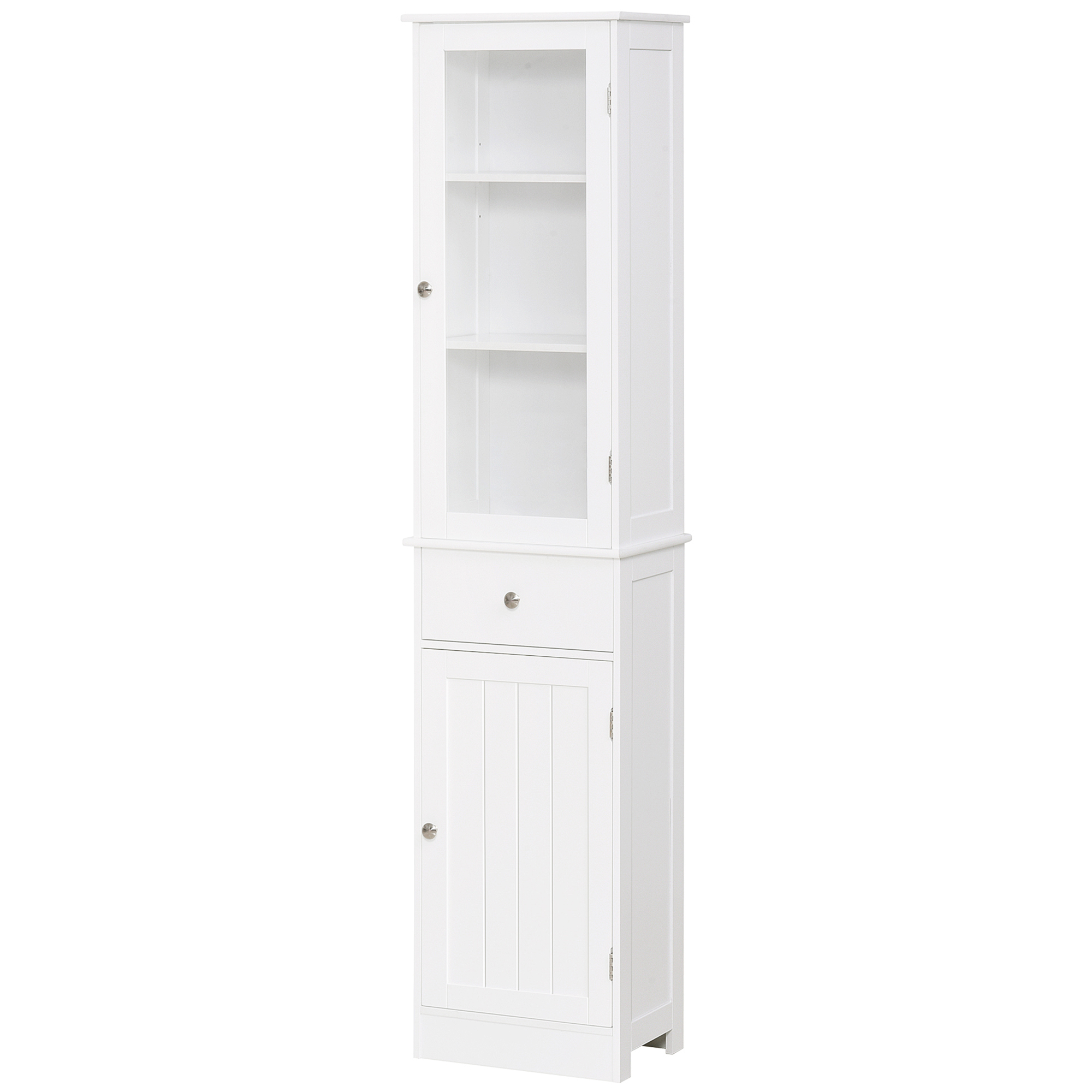 Slim White MDF Bathroom Storage Cabinet with Drawer and Shelves