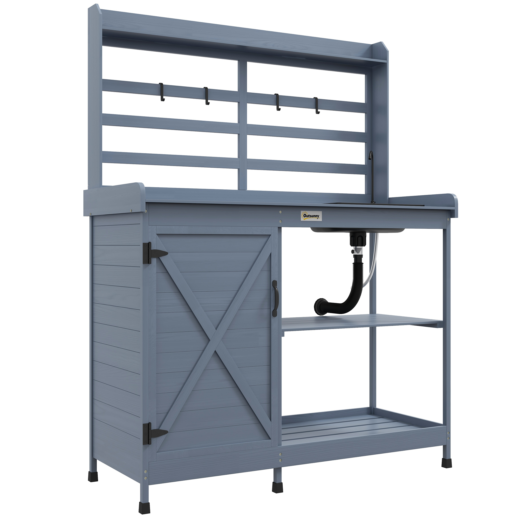 Gray Wooden Potting Bench with Storage for Garden