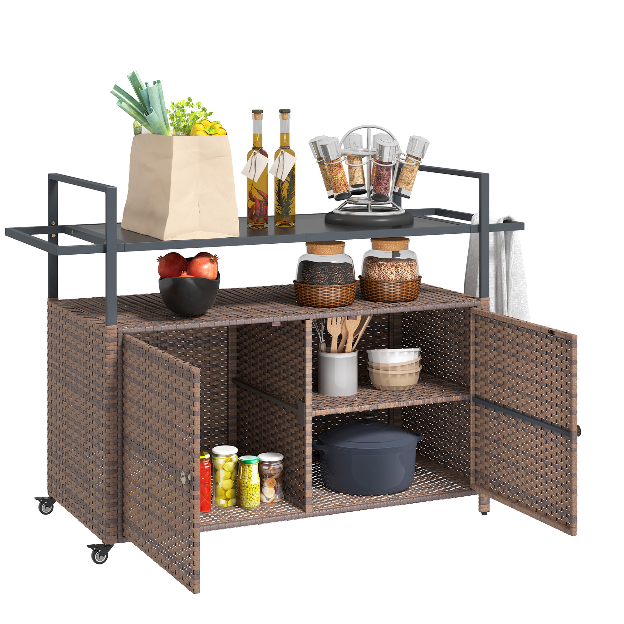 Brown Steel Outdoor Bar Cart with Rattan Table