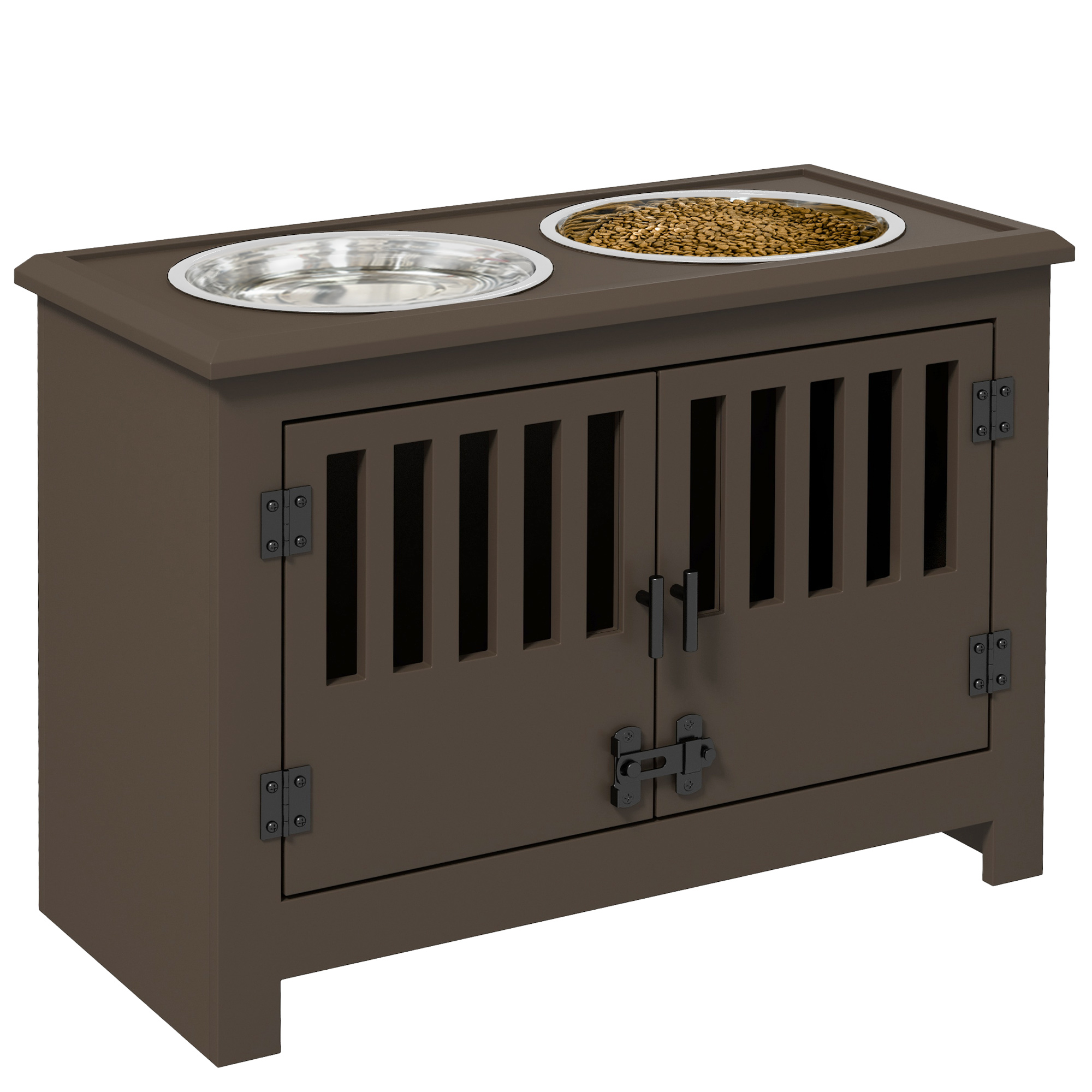 Espresso Dog Bowl Stand with Storage Cabinet